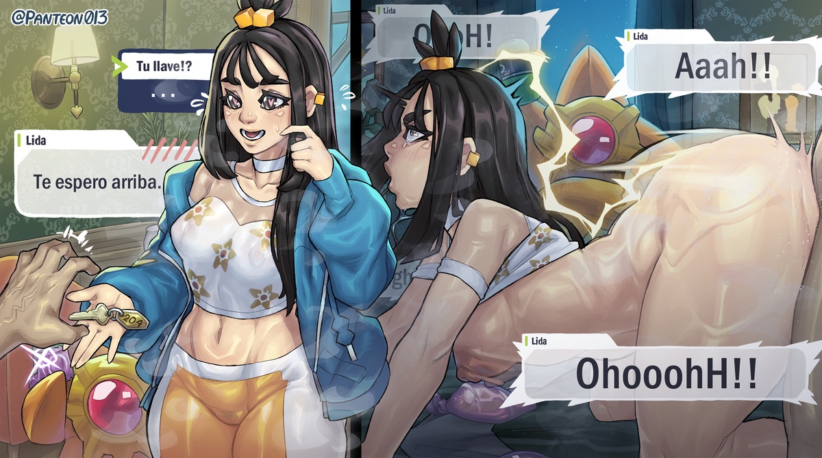 1boy, 1girls, artist name, bent over, black hair, dialogue, duro (pokemon), español, female, hair ornament, hitodeman, hotel, hotel room, instant loss, lida (pokemon), light-skinned female, long black hair, long hair, midriff, nintendo, panteon013, pokemon, pokemon legends: z-a, sex, side view, spanish text, tagme, text, translated