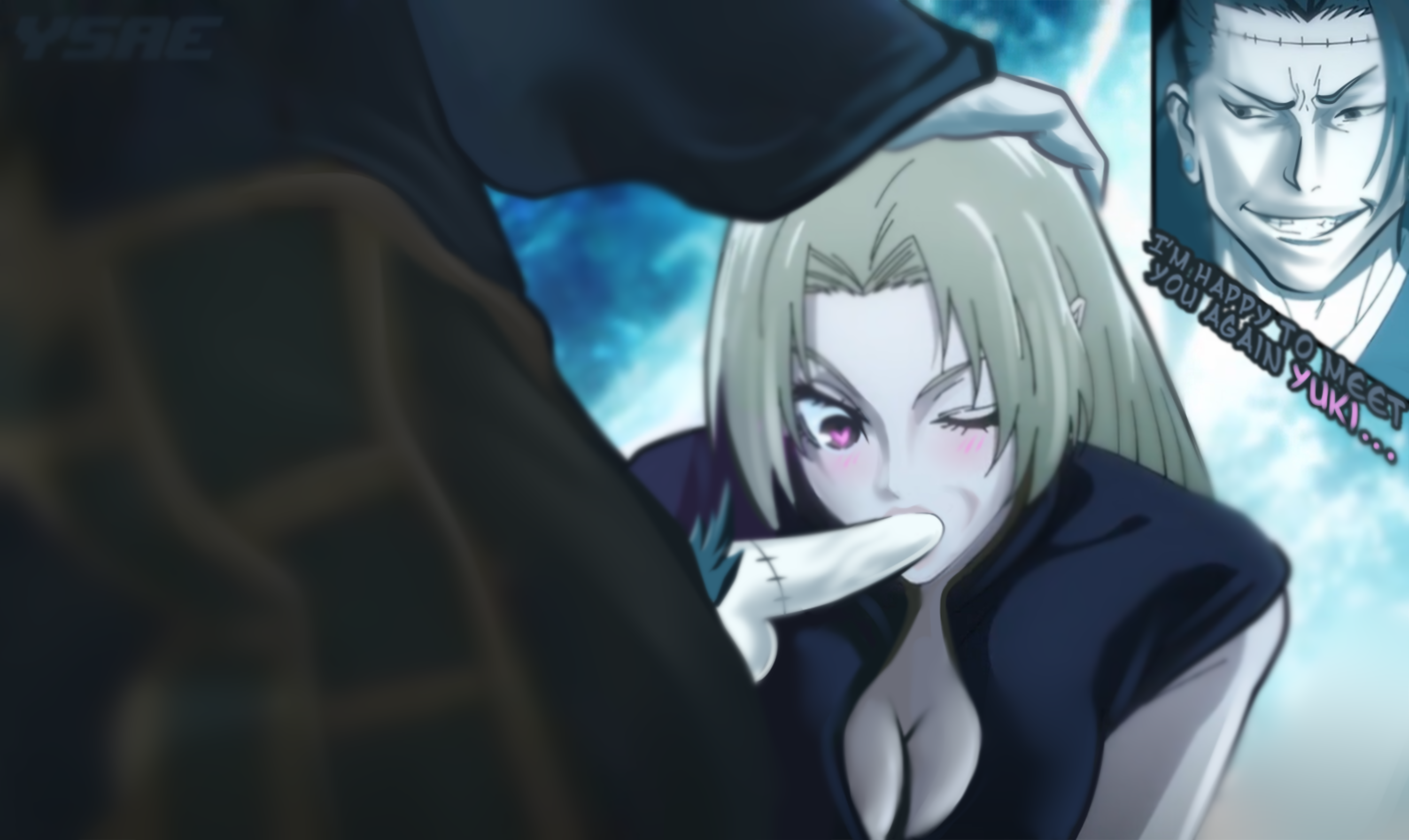 blonde hair, blonde-haired female, blowjob, breasts, cleavage, cock, creepy smile, heart-shaped pupils, holding head, horny female, imposter, jujutsu kaisen, kenjaku, long pants, possessed, possession, pubic hair, stiches, suguru geto, yuki tsukumo