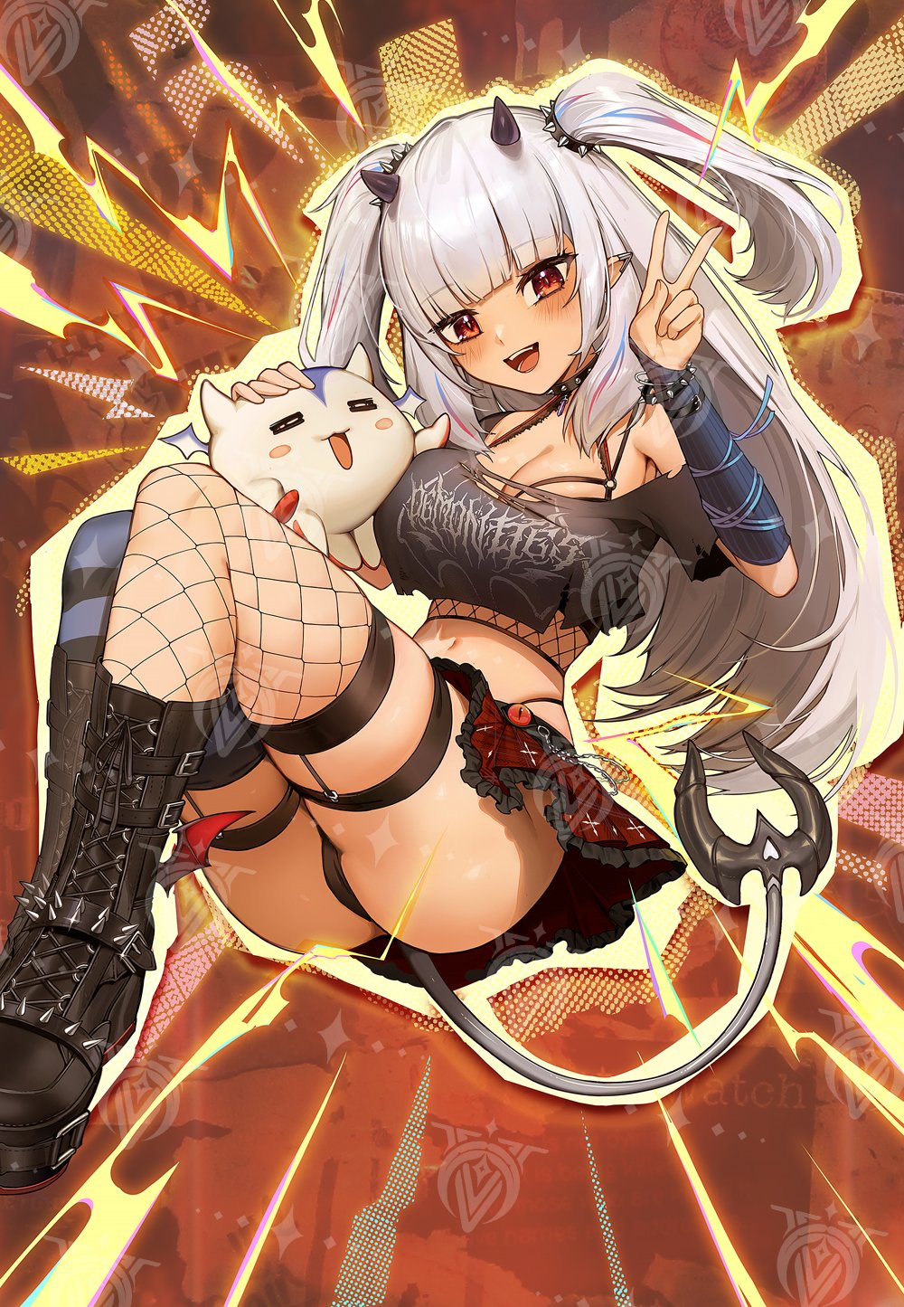 1girls, ass, black boots, black shirt, blue hair, blue thighhighs, boots, bracelet, breasts, choker, cleavage, commentary, crop top, detached sleeves, ear covers, english commentary, female, fishnet thighhighs, fishnet top, fishnets, frilled skirt, frills, highres, indie virtual youtuber, jewelry, long hair, lucy pyre, multicolored hair, navel, open mouth, pink hair, plaid clothes, plaid skirt, pointy ears, red eyes, red skirt, shirt, single fishnet legwear, skirt, spiked boots, spiked bracelet, spiked choker, spikes, streaked hair, striped clothes, striped thighhighs, tail, thighhighs, thighs, two side up, v, virtual youtuber, watermark, whisperingfornothing, white hair