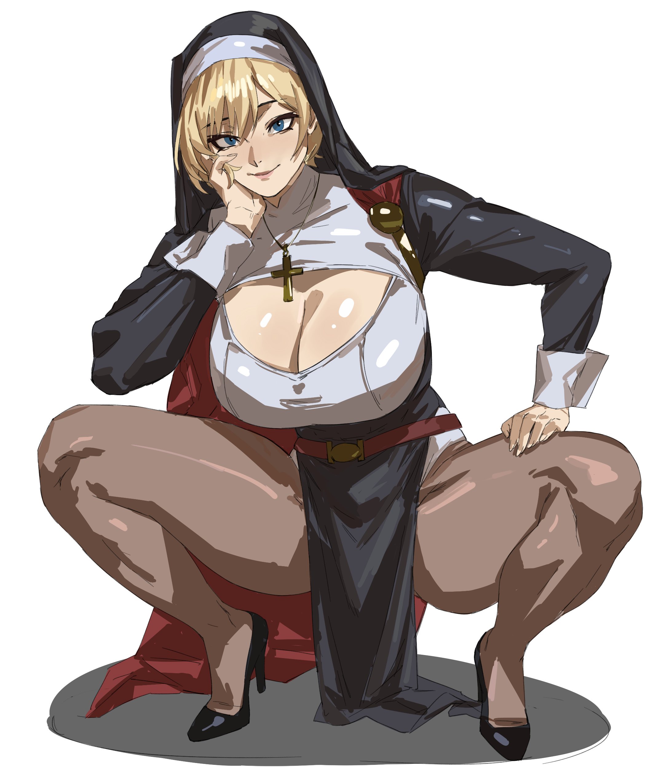 1girls, alternate costume, big breasts, blonde hair, blue eyes, blush, blushing, breasts, cape, cleavage, crucifix, dc, dc comics, female, female only, heels, high heels, huge breasts, kara zor-el, large breasts, leotard, looking at viewer, necklace, nun, nun outfit, pantyhose, power girl, shiny skin, short hair, solo, solo female, spread legs, squatting, superman (series), taiyang yu, thick, thick thighs, thighs, white background, wide hips