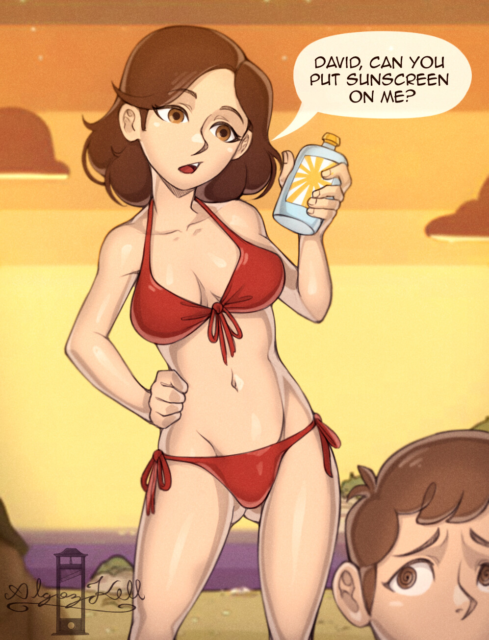 1boy, 2d, algozhell, archway of venus, beach, bikini, bikini bottom, blonde hair, bottle, breasts, brown eyes, brown hair, cleavage, clothing, david (hilda), english language, english text, female, groin, hand on hip, high resolution, hilda (series), human, human female, johanna (hilda), light skin, light-skinned female, lotion, lucas mist, male, mature, mature female, medium breasts, medium hair, milf, mother, navel, netflix, open mouth, outdoors, red bikini, red swimsuit, short hair, side-tie bikini, side-tie bikini bottom, side-tie clothing, side-tie swimsuit, signature, solo focus, speech bubble, sunscreen, sunset, swimsuit, tagme, text, thick thighs, thighs