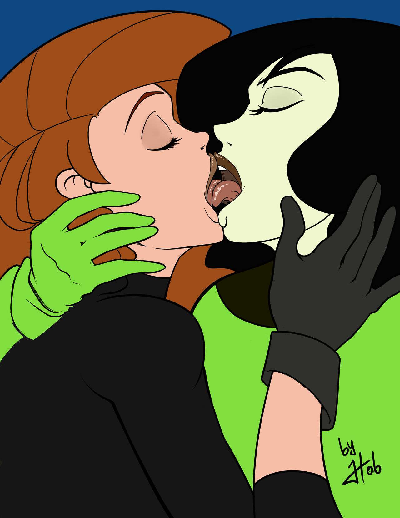 2girls, disney, female, female only, french kiss, hobb, kim possible, kimberly ann possible, kissing, lesbian kiss, multiple girls, shego, tongue kiss