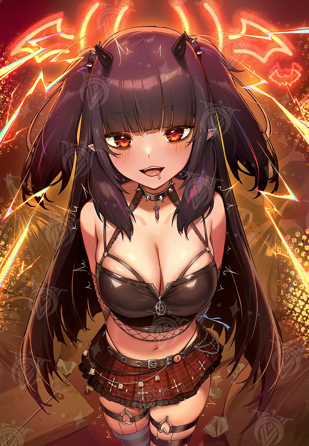1girls, black hair, black horns, breasts, brown eyes, choker, cleavage, drooling, female, fishnet top, fishnets, heart, heart o-ring, highres, horns, indie virtual youtuber, long hair, lucy pyre, midriff, miniskirt, mouth drool, multicolored hair, navel, o-ring, o-ring thigh strap, open mouth, pink hair, plaid clothes, plaid skirt, red skirt, saliva, skirt, solo, spiked choker, spikes, streaked hair, striped clothes, striped thighhighs, thigh strap, thighhighs, thighs, tits, two side up, virtual youtuber, vtuber, watermark, whisperingfornothing, zipper