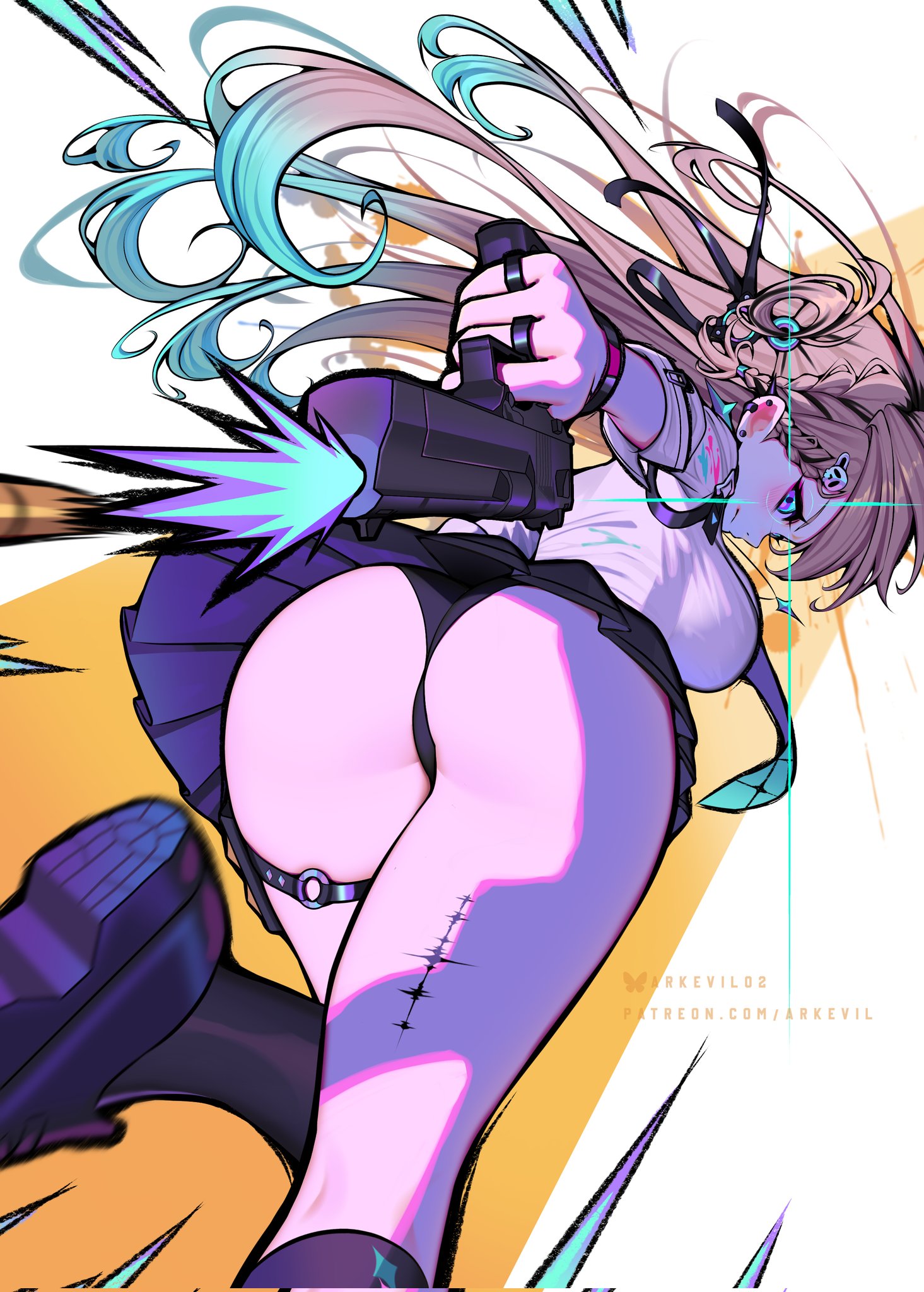 1girls, arkevil, black panties, black underwear, blonde female, blonde hair, blonde-haired female, blue eyes, female, female only, gun, long hair, lynae (wuthering waves), panties, pantyhose, school uniform, schoolgirl, underwear, upskirt, wuthering waves