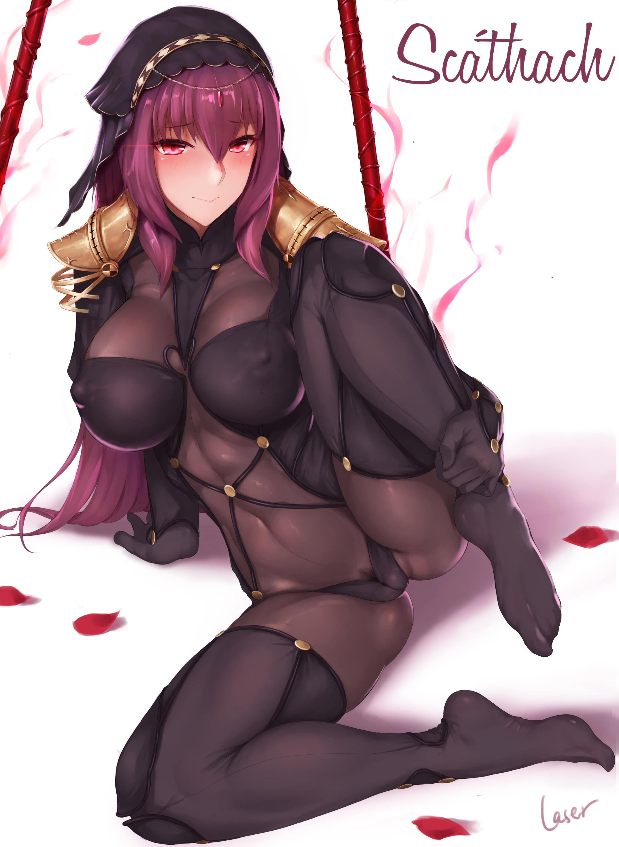 areolae, breasts, cameltoe, fate (series), fate/grand order, female, female only, large breasts, nipples, pubic hair, pussy, rosaline, scathach (fate), solo, spread legs, thighhighs