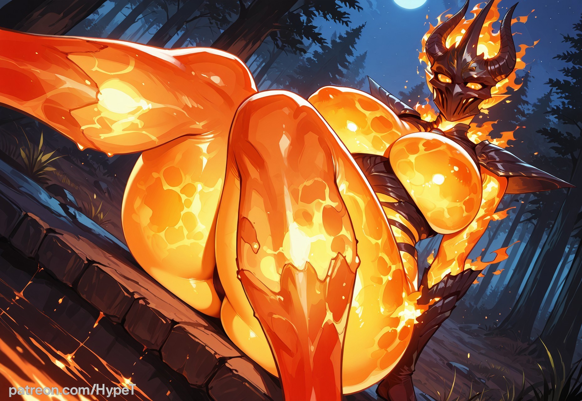 ai generated, alternate version at source, ass, back view, big breasts, breasts, fantasy, female, female only, flame atronach, hypet, legs, looking at viewer, low angle view, outdoors, sitting, solo, the elder scrolls iv: oblivion, thick, thick ass, thick legs, thick thighs, wide hips