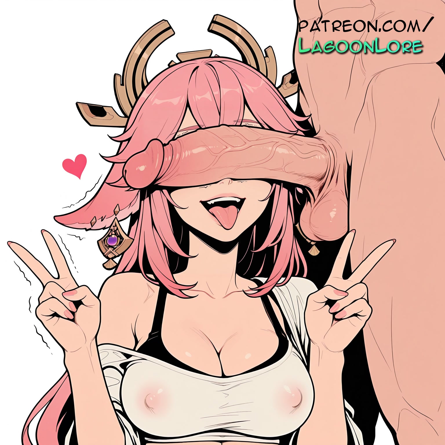 1boy, ai generated, artist name, breasts, bust, chest, cleavage, cock, covered nipples, dick, double v, double w, erection, exposed nipples, female, genshin impact, heart, hi res, highres, huge cock, lagoonlore, large penis, long hair, nipples, nipples outside, patreon, patreon username, penis, penis awe, penis on face, precum, see-through, straight, testicles, tongue, tongue out, trembling, twitching penis, uncensored, v, v over eye, veins, veiny penis, w, watermark, yae miko