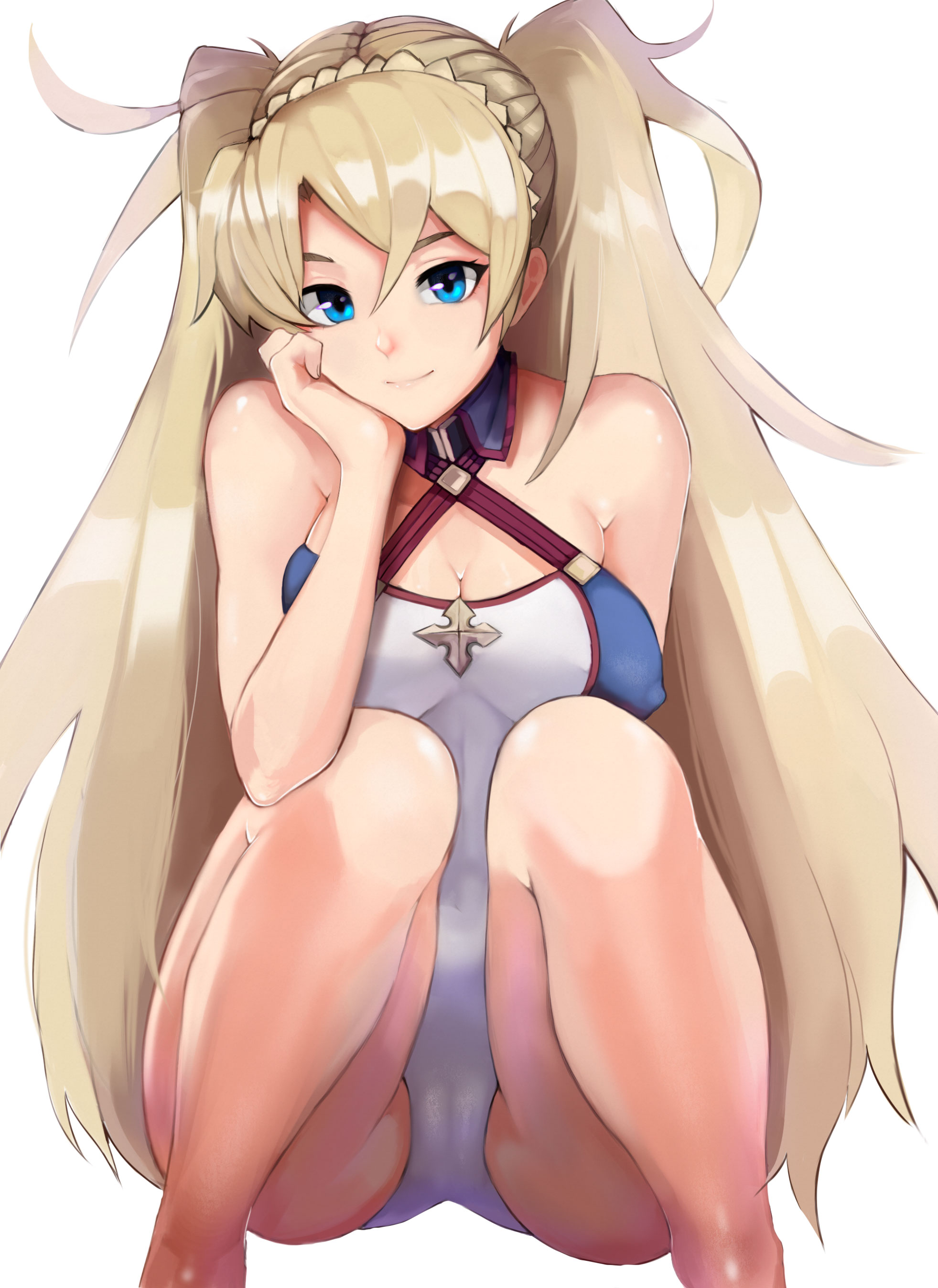1girls, ass, bare shoulders, big ass, blonde hair, blue eyes, bradamante (fate), breasts, cameltoe, cleavage, fate (series), fate/grand order, female, female only, fully clothed, kirani, long hair, looking at viewer, pussy, smile, solo, spread legs, squatting, swimsuit, twintails, white background, wide hips