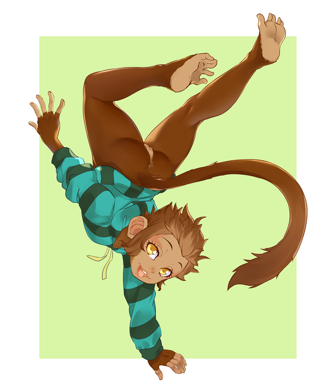 anthro anus bottomless brown_fur brown_hair clothed clothing female fur hair handstand haplorhine mammal monkey monkey_feet monkey_girl open_mouth prehensile_feet primate pussy smile solo sonechkachizhikov_(artist) sweatshirt yellow_eyes