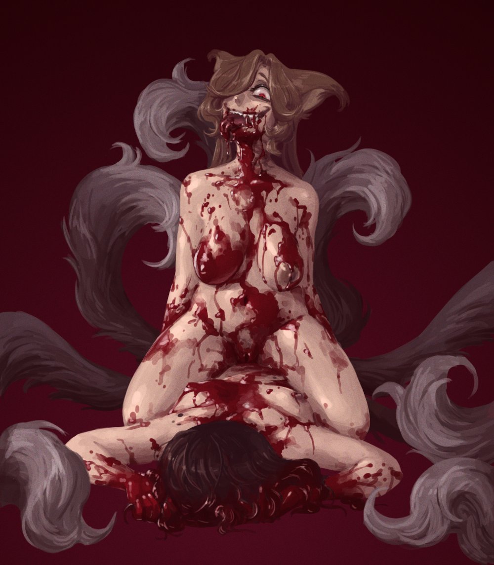 2girls, blood drip, blood on face, blood splatter, blood stain, breasts, breasts out, brown nipples, fangs, female, female only, female yandere, female/female, fox, fox girl, fox tail, foxtrot (glacierclear), gore, guro, hadmyway, hairy, hairy pussy, horror, horror (theme), kitsune, kitsunemimi, lesbian couple, lesbian domination, lesbian sex, medium breasts, perky breasts, perky nipples, pinned, pinned down, pubes, pubic hair, pussy, sharp teeth, strawberry cheesecake (glacierclear), tits out, vagina, vampire, vampire girl, yandere, yuri