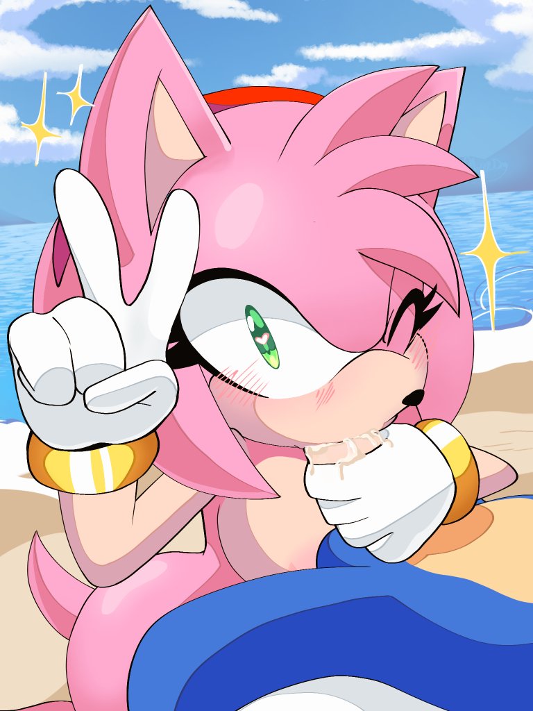 1boy, 1girls, amy rose, anthro, anthro on anthro, beach, black nose, blowjob, blue fur, blush, cum, cum in mouth, cum inside, cumming, ejaculation, ejaculation in mouth, eulipotyphlan, fellatio, female, flaresg, fur, gloves, grabbing, grabbing penis, green eyes, hairband, hand around penis, hand on penis, hedgehog, looking at viewer, male, male/female, mammal, ocean, oral, oral sex, peace sign, pink fur, red hairband, sand, sega, sonic (series), sonic the hedgehog, sonic the hedgehog (series), straight, straight sex, tail, v, water, white gloves, wink, winking at viewer