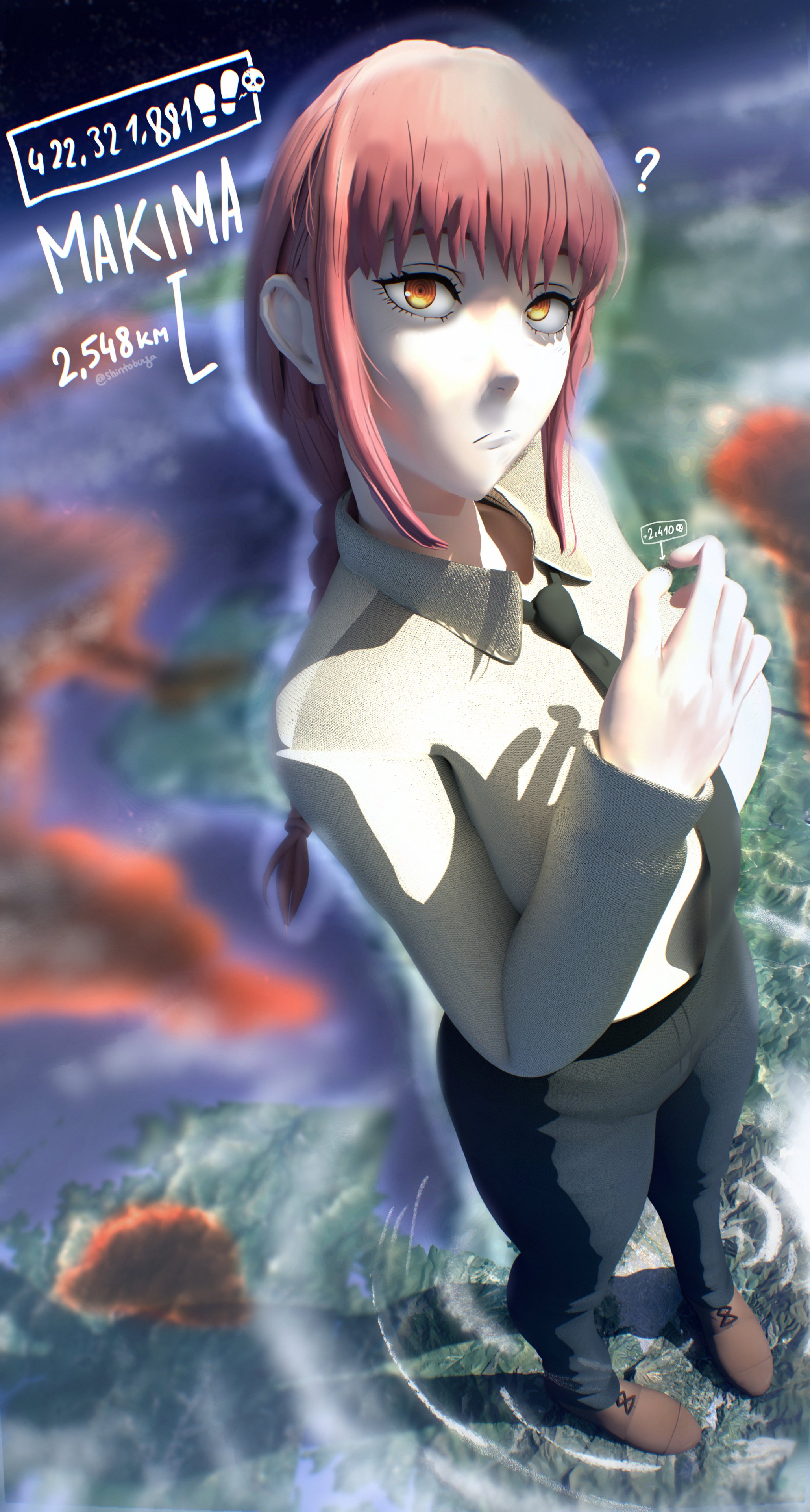 1girls, 3d, 3d (artwork), breasts, chainsaw man, city, city destruction, clothed, clothed female, continent, continent destruction, death count, earth, female, female focus, female only, giantess, giga giantess, kill count, light skin, light-skinned female, makima (chainsaw man), red hair, red hair female, redhead female, shintobuya, solo, solo female, solo focus, tie, yellow eyes