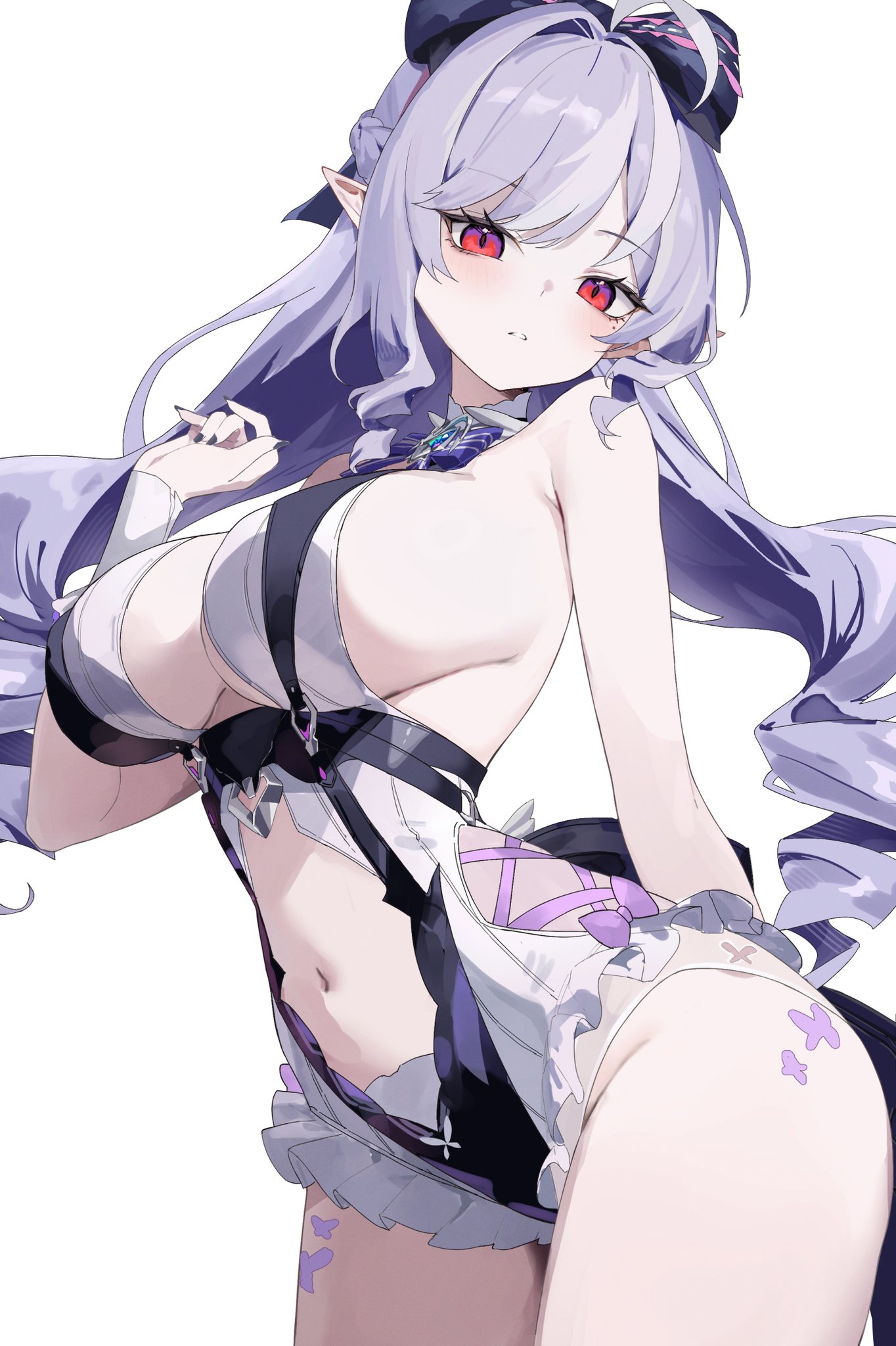 1girls, breasts, exposed breasts, female, hoyoverse, legs, long hair, mihoyo, official alternate costume, purple hair, red eyes, swimsuit, vivian banshee, vivian banshee (iris of the shore), white swimsuit, zenless zone zero