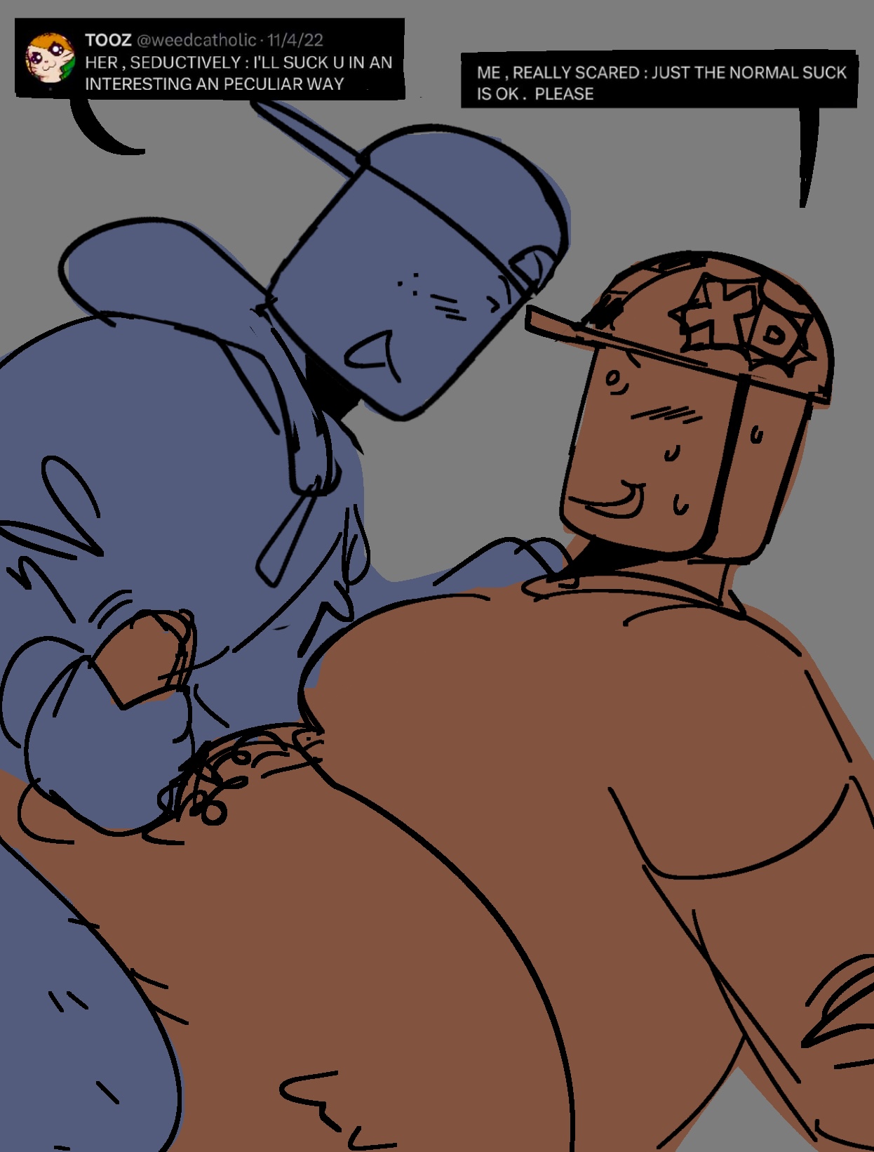 2boys, civilian (die of death), die of death (roblox), fat male, hairy male, handjob, hotdog (die of death), joke art, meme in the background, nervous, popeexoxo, pubic hair, roblox, roblox game, robloxian, self upload, smug, speech bubble, tagme, taunt (die of death), text