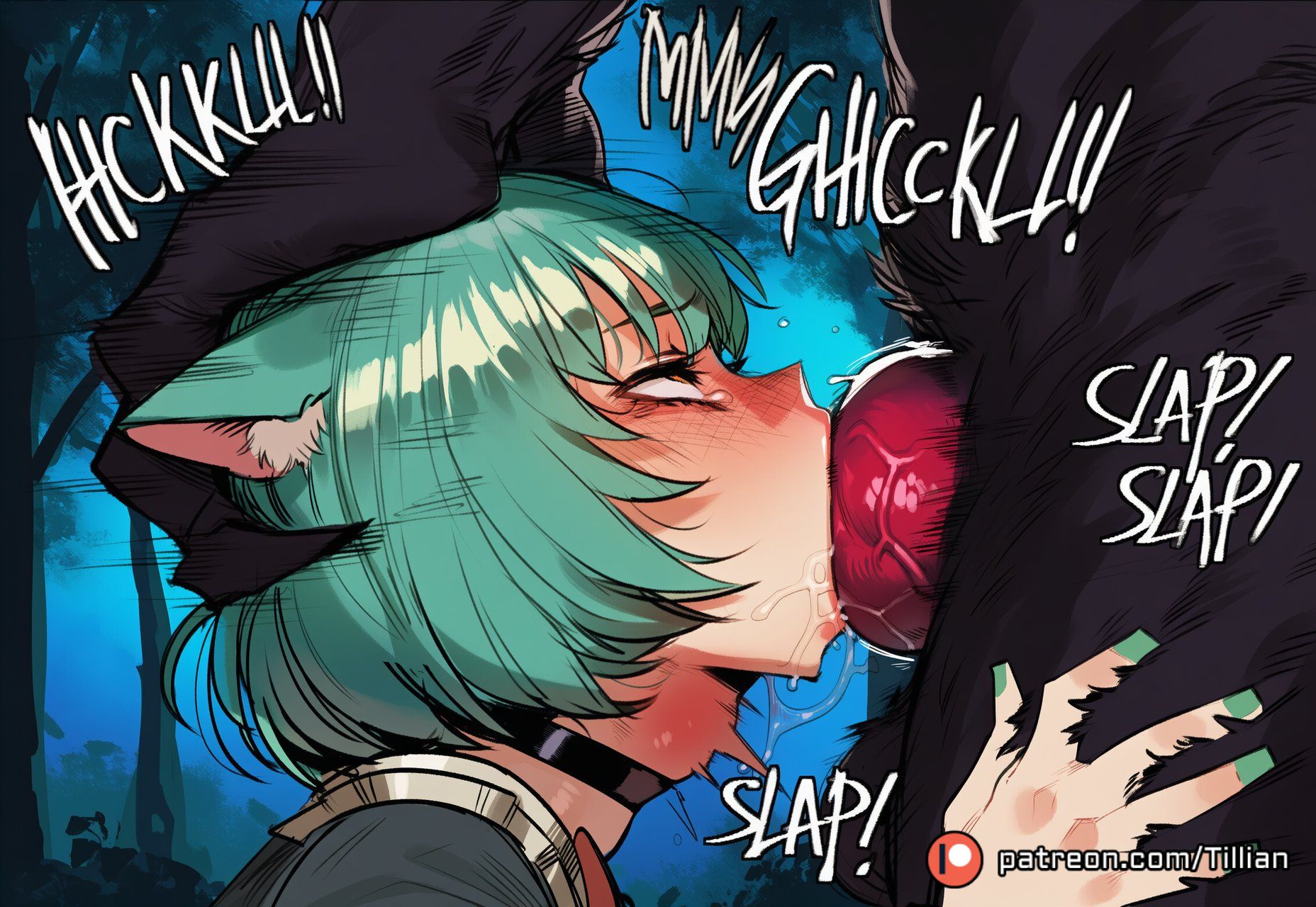 1boy, ai generated, animal ear fluff, animal ears, animal penis, anthro, artist name, black choker, blush, canid, canine, canine penis, canis, cat ears, choker, deepthroat, english text, fellatio, female, from side, furry, furry male, furry with non-furry, girl dm, green hair, green nails, head grab, interspecies, irrumatio, knot, knotted penis, male, male anthro/female humanoid, nail polish, oral, outdoors, patreon username, penis, saliva, short hair, solo focus, straight, tillian, uncensored, virtual youtuber, vtuber, werewolf, wolf