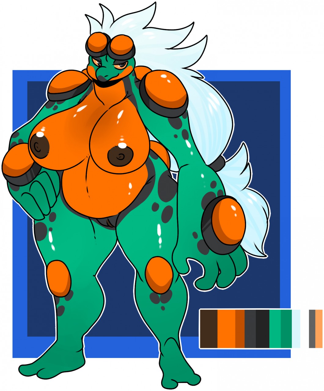 alternate_color amphibian anthro big_breasts breasts demonnyuu female full-length_portrait hair half-closed_eyes hand_on_hip hi_res long_hair nintendo nipples non-mammal_breasts nude original_character pokémon_(species) pokemon portrait pussy seismitoad shiny_pokémon simple_background smile solo standing video_games white_hair