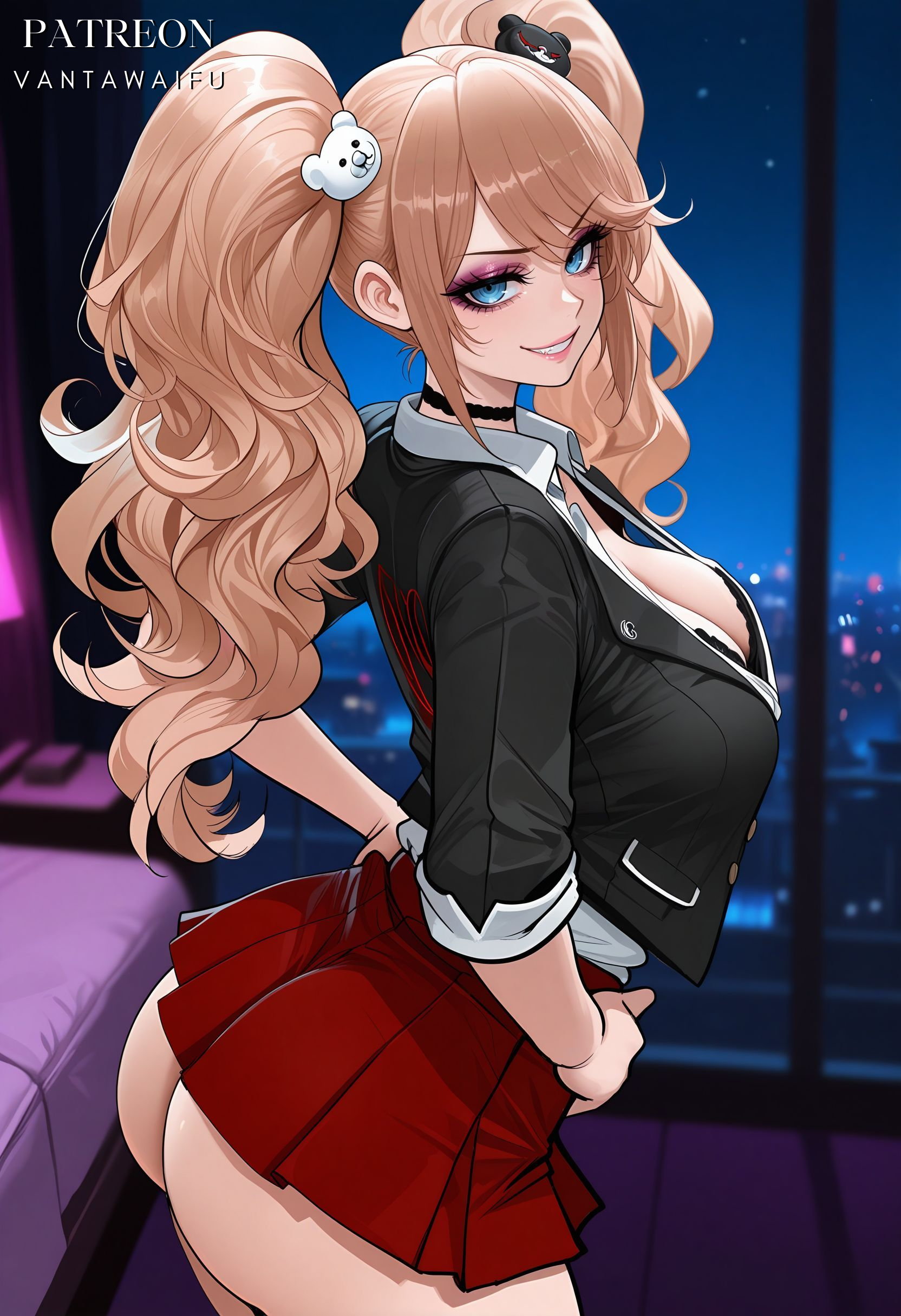 ai generated, artist name, ass, bear hair ornament, bed, big hair, black bra, black choker, black jacket, blonde hair, blue eyes, bra, breasts, choker, cleavage, clothing, danganronpa, danganronpa (series), enoshima junko, female, from side, grin, hair ornament, hands on own hips, indoors, interracial, jacket, junko enoshima, large breasts, long hair, looking at viewer, miniskirt, necktie, netorare, night, ntr, parted lips, patreon username, pleated skirt, red skirt, shirt, skirt, sleeves rolled up, smile, solo, teeth, thighs, twintails, underwear, vantawaifu, white shirt, window
