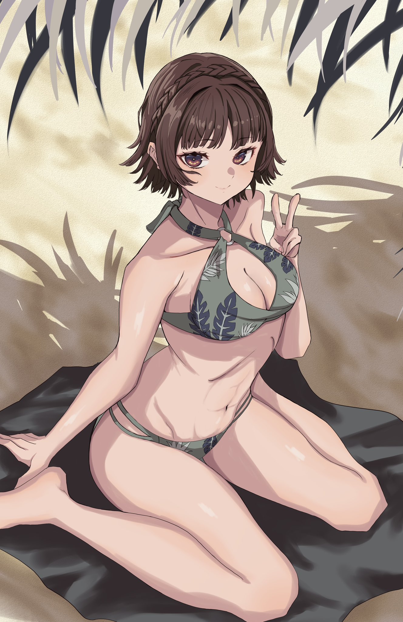 1girls, alluring, athletic female, atlus, bare legs, beach, bikini, blush, braid, brown hair, commentary, crown braid, female abs, fit female, high res, looking at viewer, makoto niijima, medium breasts, navel, on knees, persona, persona 5, red eyes, s-m-53413, sega, short hair, silf, smile, swimsuit, v
