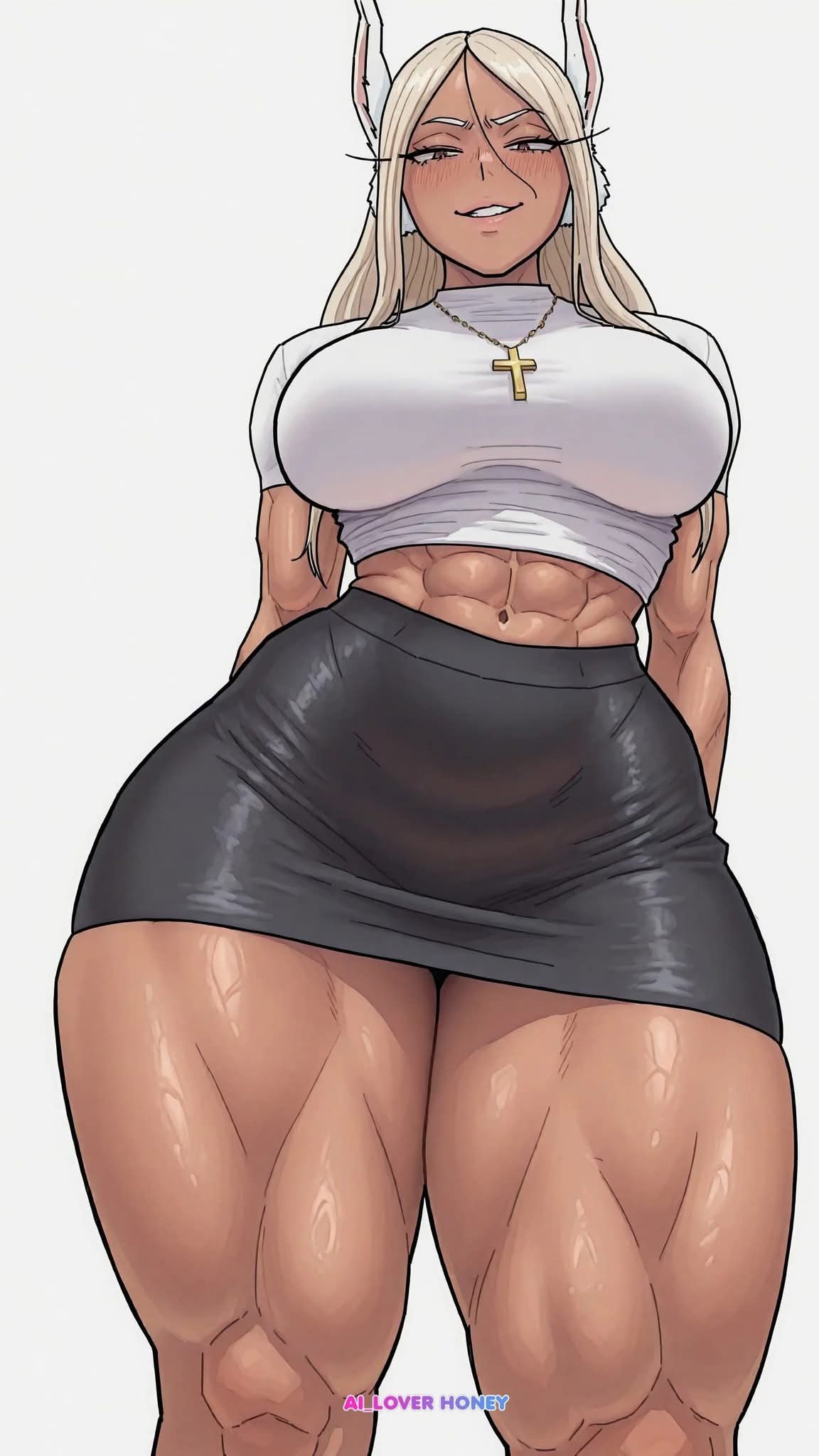 1girls, abs, ai generated, ai loverhoney, big breasts, blonde hair, boku no hero academia, brown skin, brown skinned female, bunny ears, bunny girl, curvaceous, curvy female, eyes, female, female only, hands behind back, hourglass figure, large breasts, looking at viewer, miniskirt, miruko, muscular, muscular arms, muscular female, my hero academia, necklace, red eyes, rumi usagiyama, short skirt, simple background, standing, thick, thick thighs, thunder thighs, voluptuous, voluptuous female, white hair, wide hips