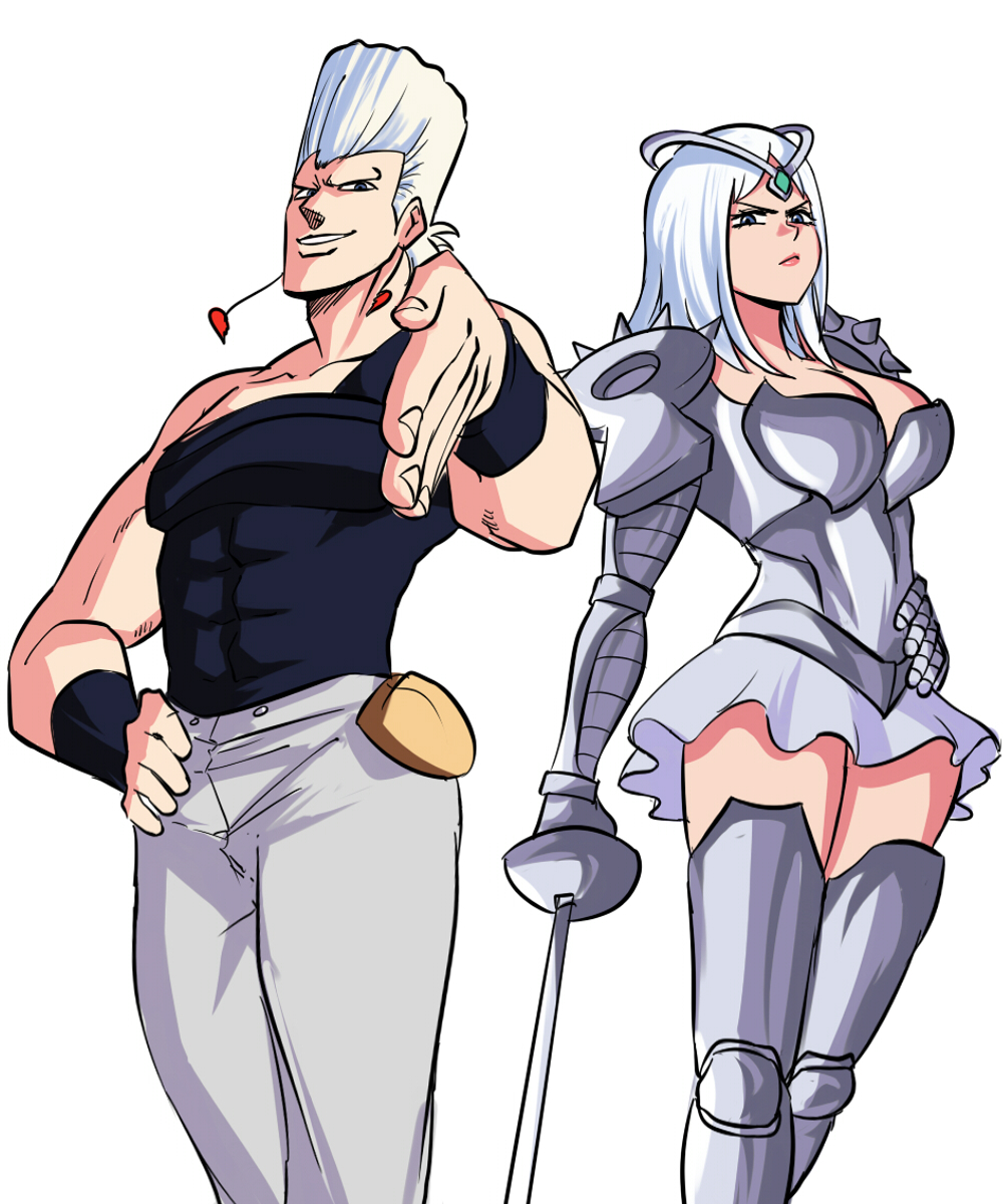 1boy 1girls 2021 5:6 abs armor bare_arms bare_shoulders blue_eyes breasts cleavage clothed clothing earrings female genderswap_(mtf) hand_on_hip highres holding_weapon human humanized jean_pierre_polnareff jewelry jojo's_bizarre_adventure large_breasts light-skinned_female light_skin long_hair looking_at_viewer male miniskirt muscles muscular muscular_male pale-skinned_female pale-skinned_male pale_skin pants pose rule_63 saber_(weapon) serious shoulder_pads shounen_jump silver_chariot simple_background single_strap skirt smirk stand_(jjba) standing stardust_crusaders sword teeth thighhighs thighs tiara tinafate1 tubetop white_background white_hair wristband zettai_ryouiki