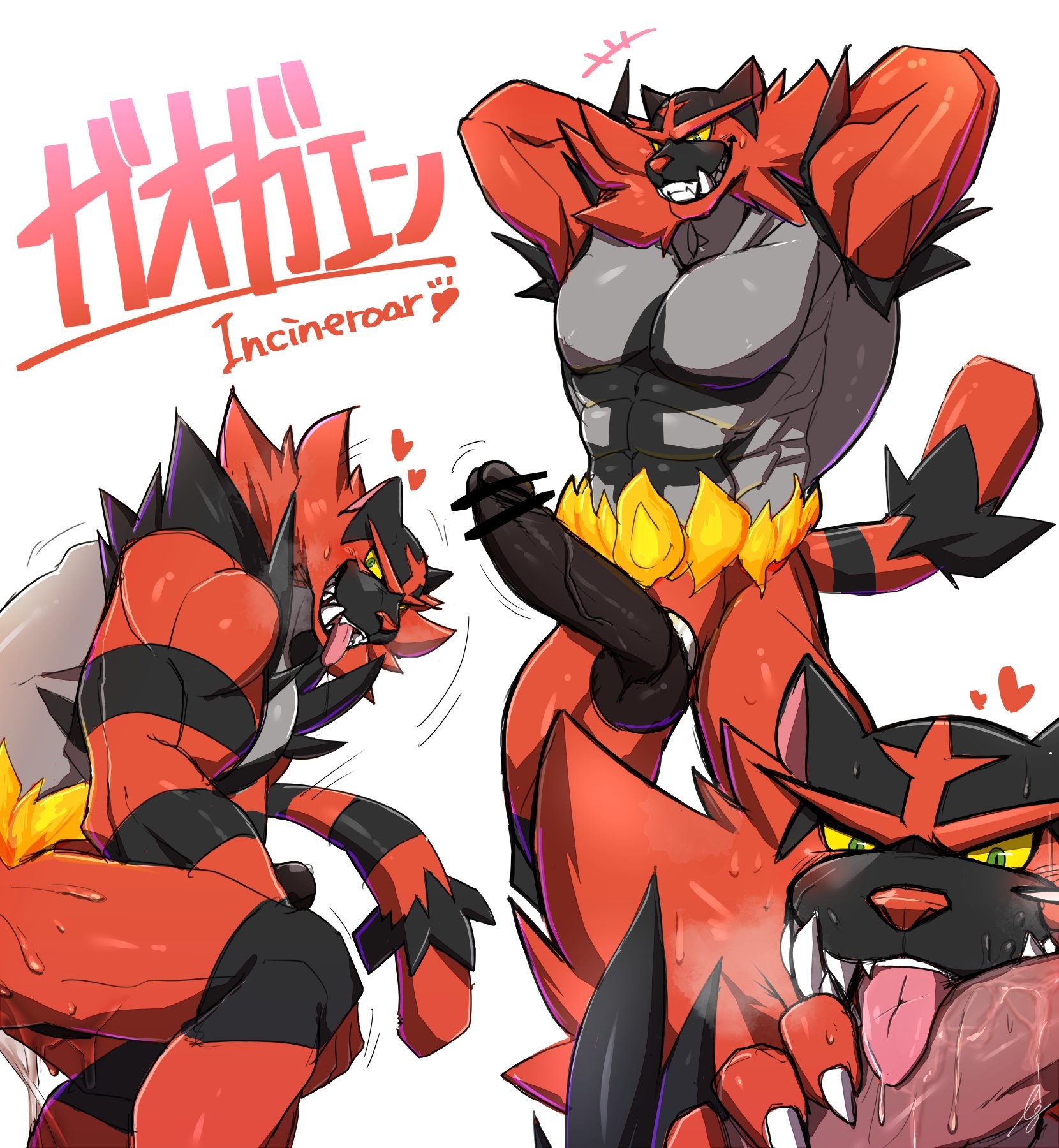 2boys, abs, ambiguous gender, anthro, balls, bara, bent over, biceps, big balls, big testicles, blush, breath, censored, claws, close-up, cock ring, crouching, cum, cum on penis, drooling, english text, erection, fangs, feline, fellatio, fire, fur, furry, gay, green eyes, heart, huge penis, human, humanoid penis, ig, ig1119, implied sex, incineroar, interspecies, japanese text, licking, long penis, male, male focus, male only, male pov, mammal, masculine male, muscular, nintendo, nipples, nude, open mouth, oral, pecs, penis, pokémon (species), pokemon, pokemon (species), pokemon sm, pov, precum, presenting, presenting penis, saliva, sharp claws, sharp teeth, smile, standing, sweat, teeth, testicles, text, thick penis, thick thighs, tongue, tongue out, triceps, veins, veiny penis, video games, yaoi
