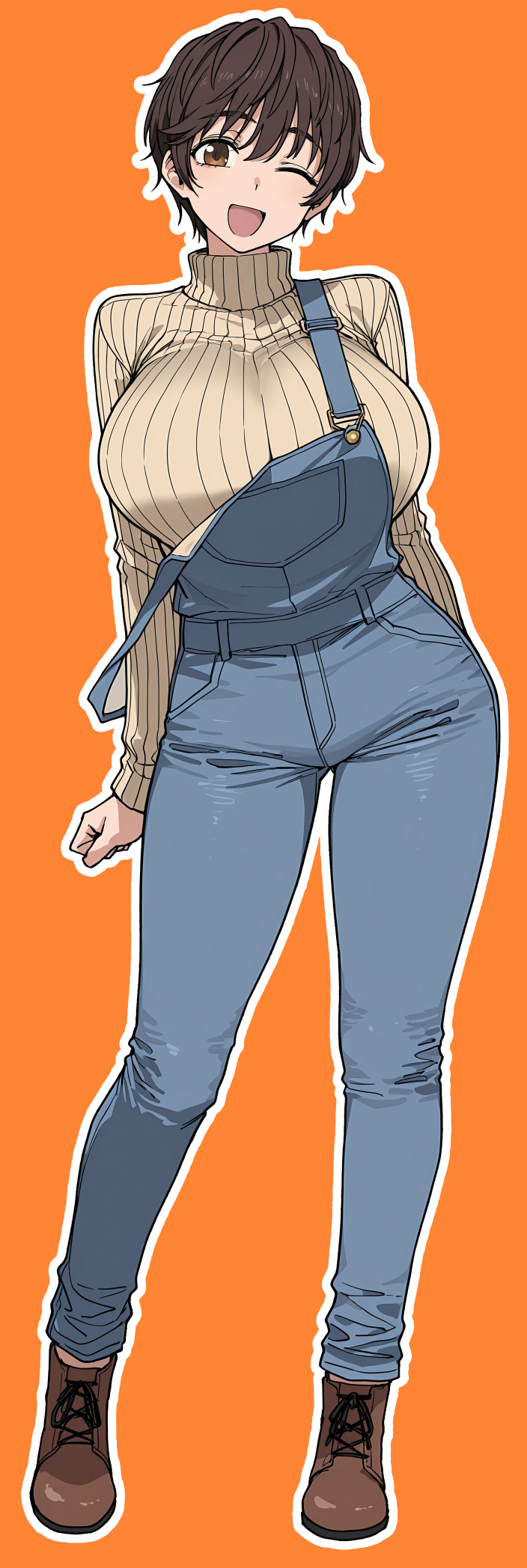 :d, 1girls, 37bann2, big breasts, breasts, brown hair, brown hair female, brunette female, brunette hair, clothed, clothed female, female, female focus, female only, idolmaster, idolmaster cinderella girls, large boobs, large breasts, light skin, light-skinned female, oikawa shizuku, overalls, shizuku oikawa, short hair, short hair female, solo, solo female, very short hair