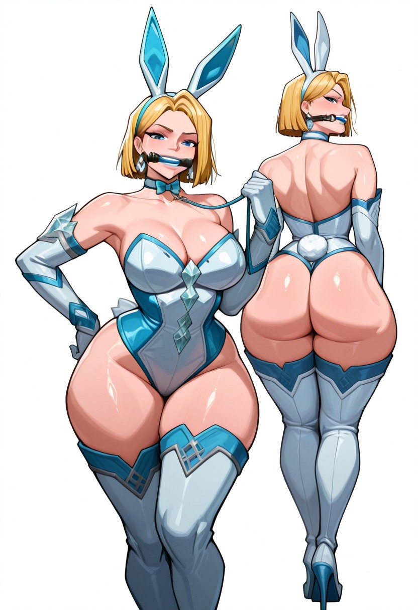 1girls, 2025, ai generated, armwear, ass, big ass, big breasts, blonde hair, blue eyes, bow, bunny ears, choker, collar, cuentaparajuegos2411835, emma frost, emma frost (marvel rivals), female, full body, gag, gagged, hand on hip, hand on own hip, hourglass figure, leash, leash and collar, legwear, leotard, looking back, marvel, marvel rivals, multiple images, simple background, solo, standing, thick thighs, thighs, white background, wide hips