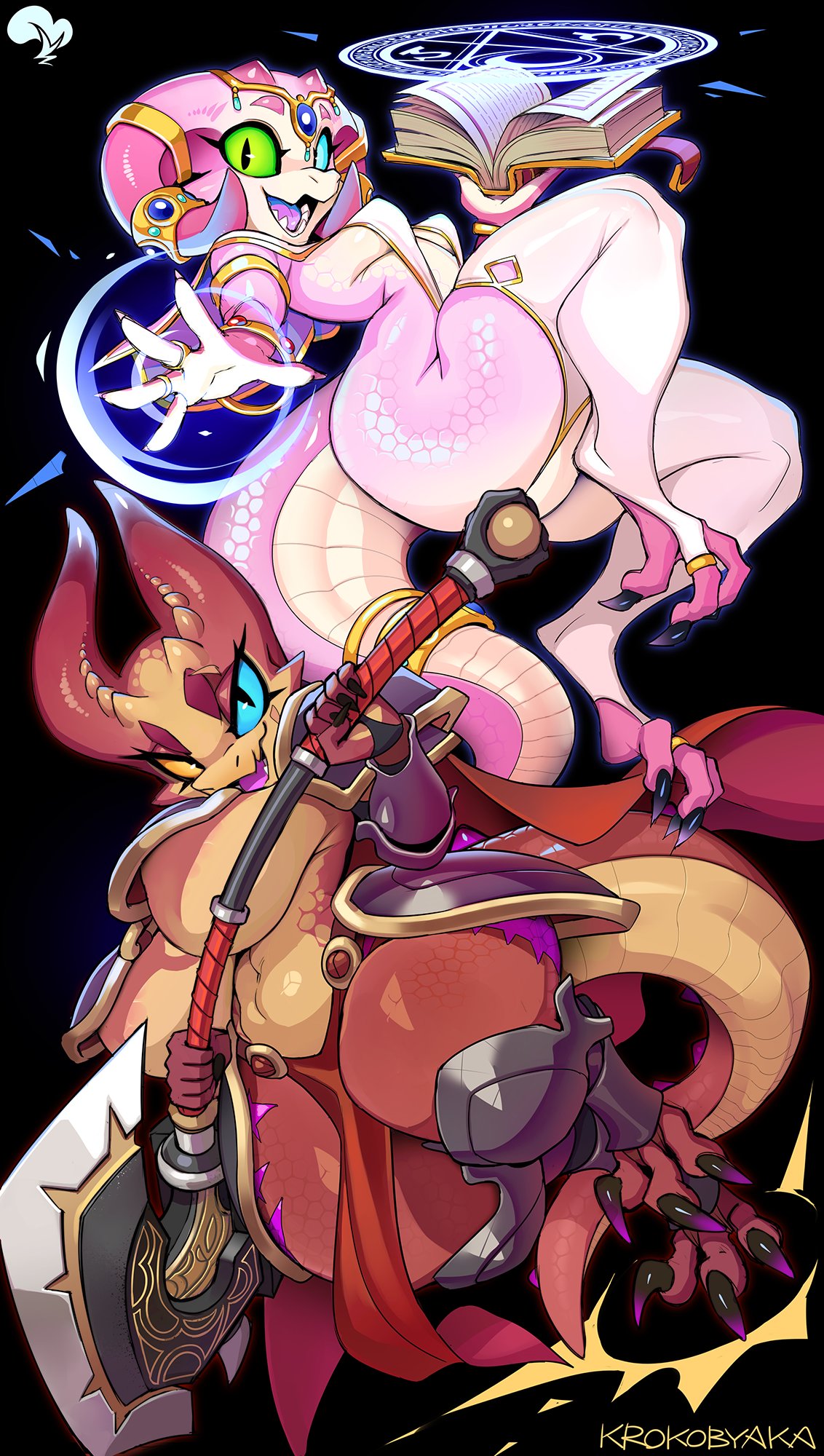 2d, 2d (artwork), 2d artwork, anthro, ass, breasts, female, kobold, krokobyaka, lips, magic, original, original character, original characters, reptile, reptile girl, reptilian, spell, spellbook, spellcaster, spellcasting, weapon