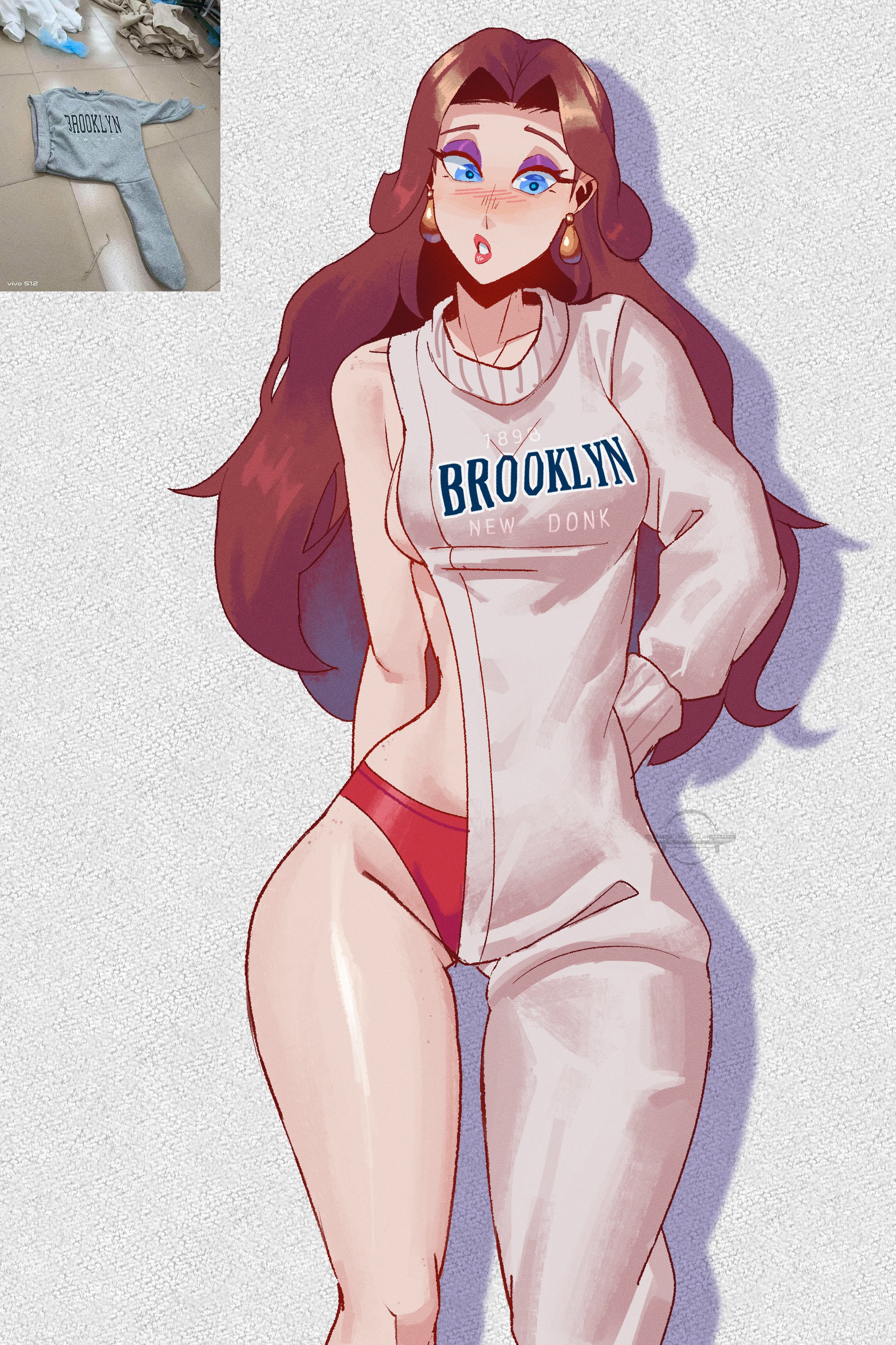 big ass, big lips, big thighs, blue eyes, brooklyn sweater, brown hair, dedhed art, exposed hips, hip cleavage, long hair, mario (series), meme, pauline, red lips, tagme, thick thighs, wide hips