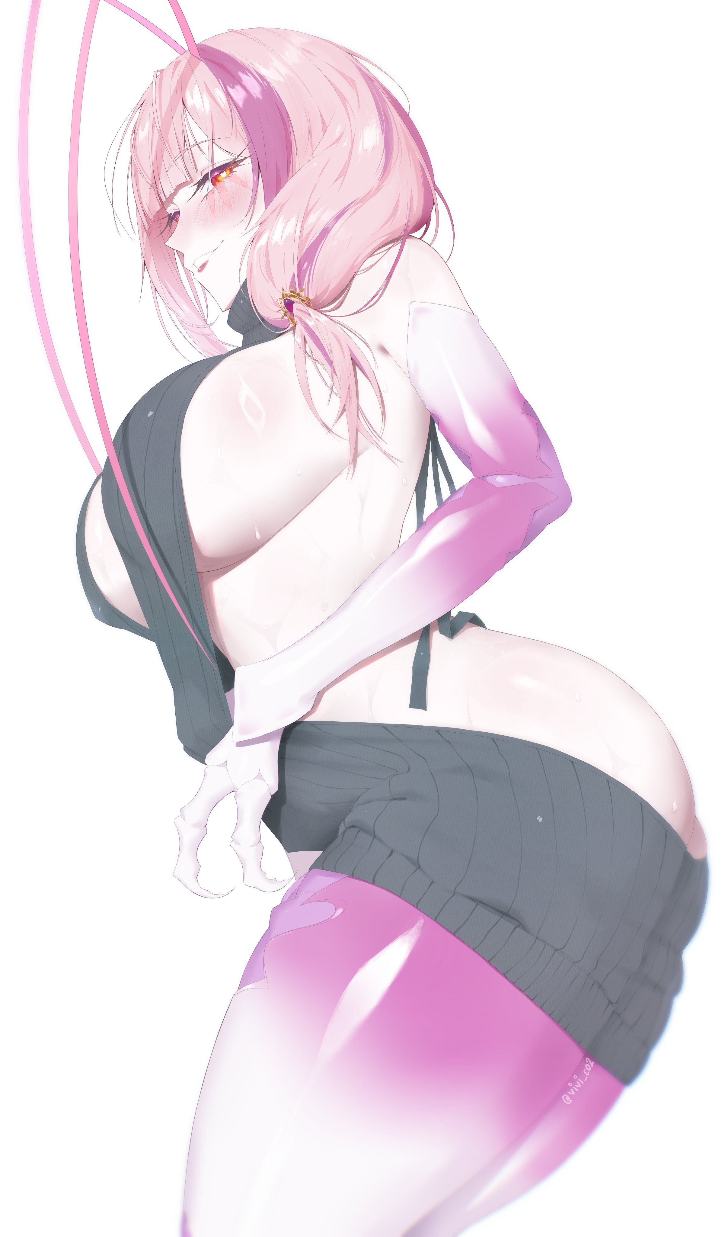 absurdres, antenna hair, antennae, arthropod girl, ass, big ass, big breasts, breasts, bug girl, claws, cleavage cutout, clothing cutout, cockroach girl, fat ass, grey sweater, highres, huge breasts, indie virtual youtuber, insect girl, large breasts, matara kan, mature, mature female, milf, monster girl, multicolored hair, older female, pink hair, red eyes, side ponytail, sidelocks, streaked hair, sweater, thick thighs, thighs, virgin destroyer sweater, virtual youtuber, vivi co, vtuber, white background