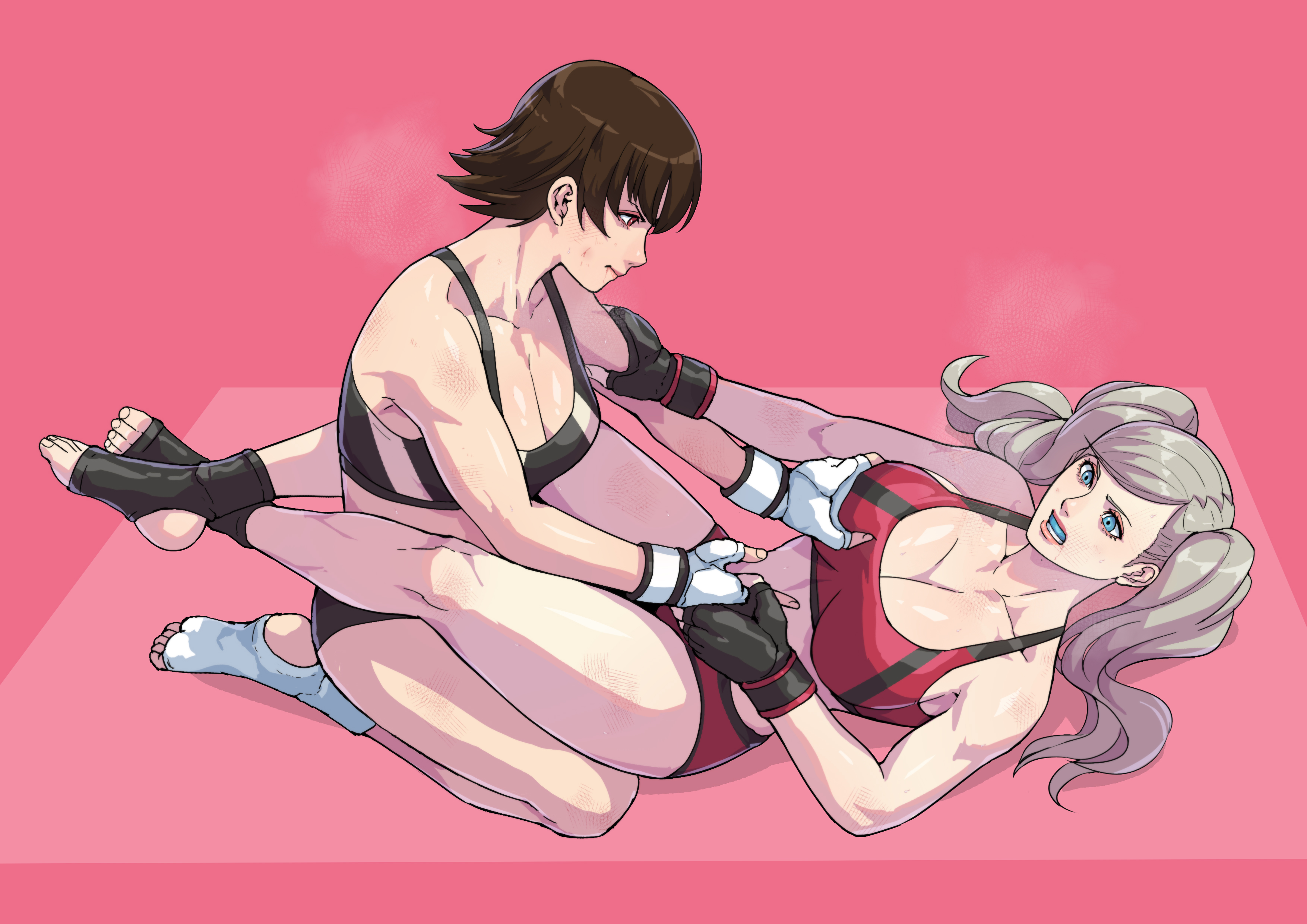 2girls, absurd res, alluring, ann takamaki, atlus, catfight, cirenk, fingerless gloves, gloves, groping, high res, implied yuri, makoto niijima, mixed martial arts, mma gloves, multiple girls, no shoes, persona, persona 5, sega, silf