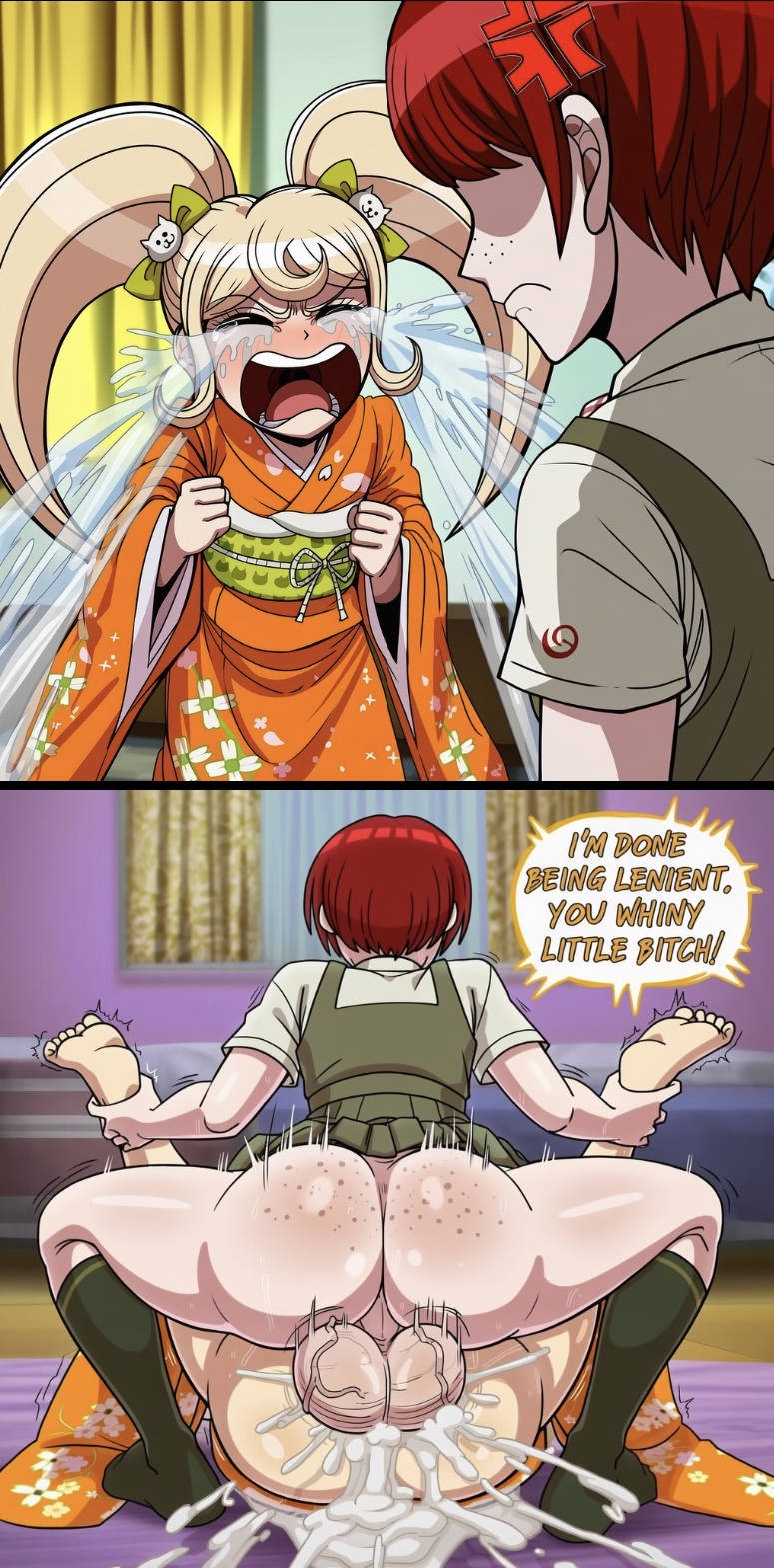 1futa, 1girls, ai generated, angry, ankle grab, ass, balls, balls deep, big ass, big balls, clenched balls, crying, cum, cum inside, cum overflow, danganronpa, danganronpa 2: goodbye despair, deserved, deserved rape, english text, exaggerated expression, excessive cum, faceless futa, female, femsub, freckles, freckles on ass, freckles on butt, freckles on face, futa on female, futadom, futanari, huge balls, instant loss 2koma, koizumi mahiru, mating press, rape, red hair, red-haired futa, redhead, redheaded futa, saionji hiyoko, shortstack, taller futa, testicles clench, text, veiny balls