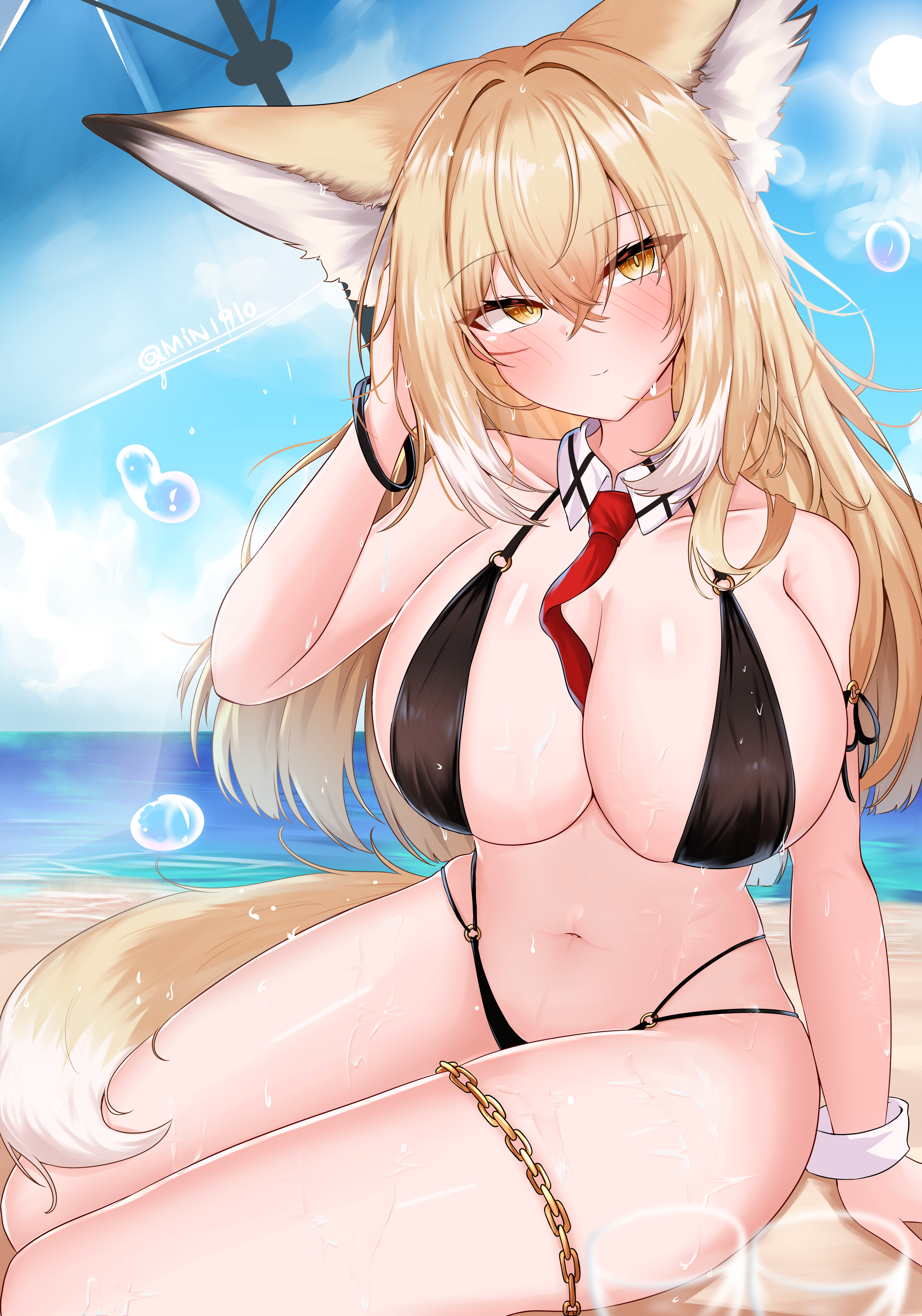1girls, arknights, arm at side, arm up, beach, bikini, black bikini, blush, breasts, bubble, chain, collar, detached collar, female, golden chain, huge breasts, milf, necktie, solo, sun, thick thighs, thigh strap, umbrella, vulpisfoglia (arknights), wide hips, yokozuwari