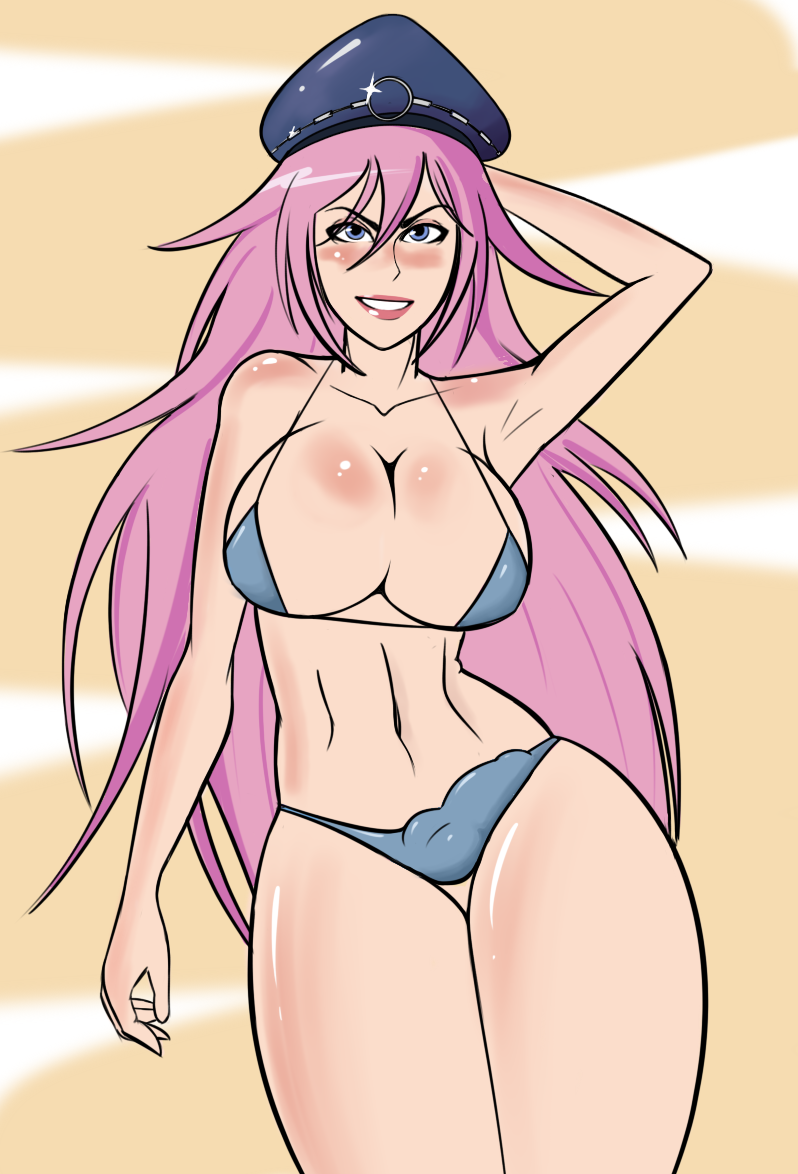 1futa, abs, armpit, armpits, ass, balls, balls in panties, beach, big ass, big breasts, bikini, blue bikini, blue eyes, blush, blushing, breasts, bulge, cameltail, capcom, cleavage, confident, curvy, erection, erection in panties, erection under clothes, final fight, futa only, futanari, hand on head, hat, highres, huge breasts, intersex, large breasts, lips, lipstick, long hair, looking at viewer, muscles, navel, nintendo, panties, panty bulge, peaked cap, penis, penis in panties, penis under clothes, pink hair, poison (final fight), presenting, revealing clothes, sealguy, shiny skin, sky, small balls, small penis, smile, smiling, solo futa, street fighter, sun, swimsuit, thick thighs, very long hair, video game, video games, voluptuous, white background, wide hips, yellow background