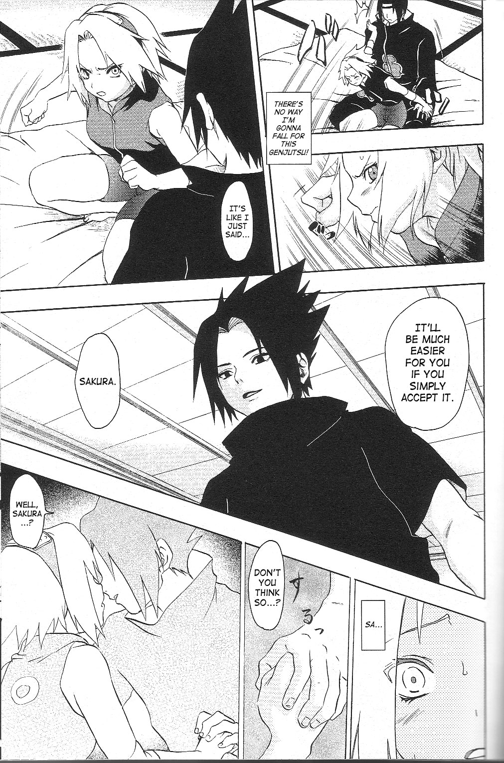 akatsuki akatsuki_(naruto) comic dialogue doujinshi english_text female headband human koala_machine kuroageha male naruto naruto_shippuden ninja sakura_haruno sasuke_uchiha sex text uchiha_itachi