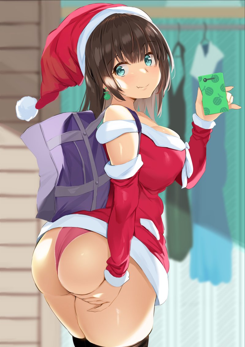 ass, big breasts, breasts, character request, cleavage, copyright request, female, female only, large breasts, looking at viewer, looking back, noripachi, panties, santa hat, selfie, solo, thighhighs