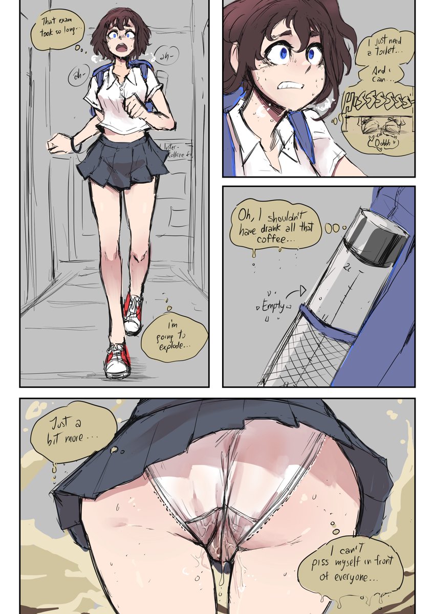 backpack biku blue_eyes brown_hair comic_page desperate desperation grey_background need_to_pee original original_character school_uniform schoolgirl thought_bubble water_bottle white_panties white_shirt