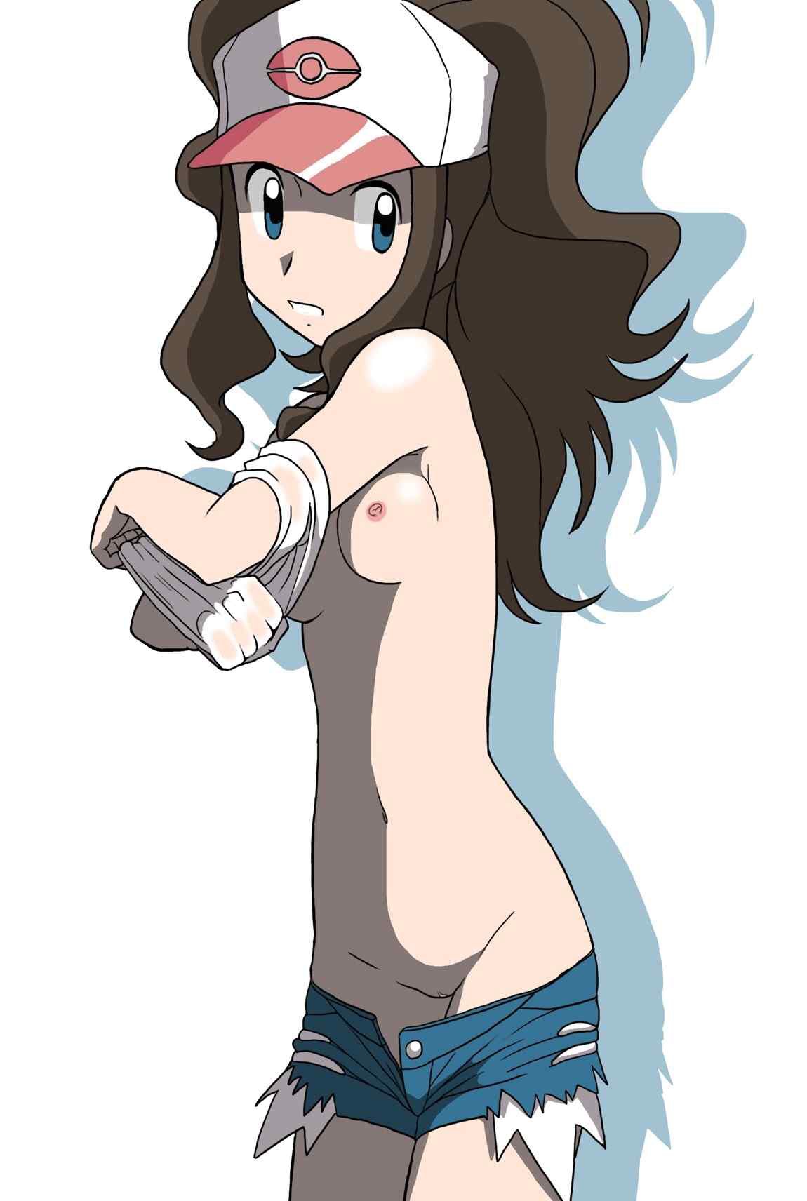 1girls, areola, blue eyes, breasts, brown hair, clothes, denim shorts, female, female only, flat chest, hat, hilda (pokemon), human, jean shorts, long hair, looking at viewer, nintendo, nipples, no bra, no panties, pokemon, pokemon bw, ponytail, pussy, shadow, shirt, shirt lift, shorts, small breasts, solo, standing, tank top, teeth, thin waist, topless, undressing, white background