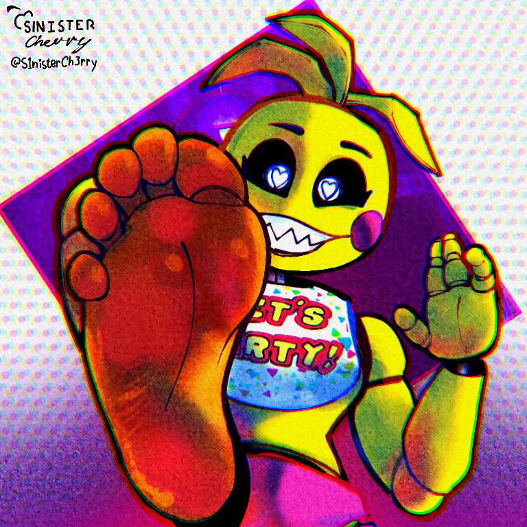 1girls, animatronic, animatronic female, bib, chicken, chicken girl, feet, female, five nights at freddy's, five nights at freddy's 2, fnaf, foot fetish, holding up foot, phasianid, robot, robot girl, s1nisterch3rry, scottgames, toy chica (fnaf), toy chica (love taste), waving, waving at viewer