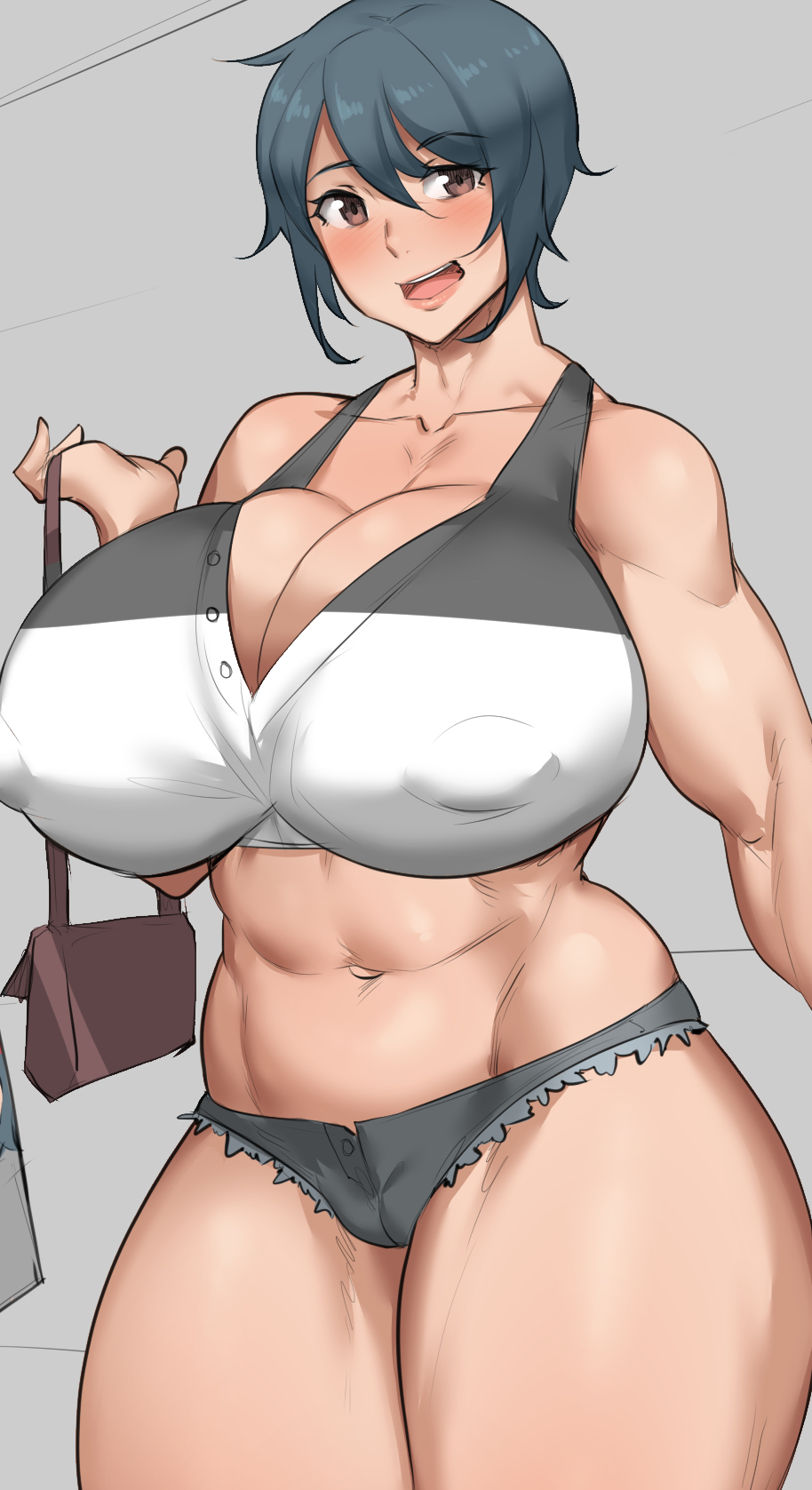 1girls, abs, bag, bare shoulders, blue hair, breasts, brown eyes, busty, cameltoe, cleavage, female, female only, huge breasts, human, midriff, milf, muscular, muscular female, natedecock, natsumi (natedecock), original character, pussy, shorts, solo, tank top, thick, thick thighs, venus body, wide hips