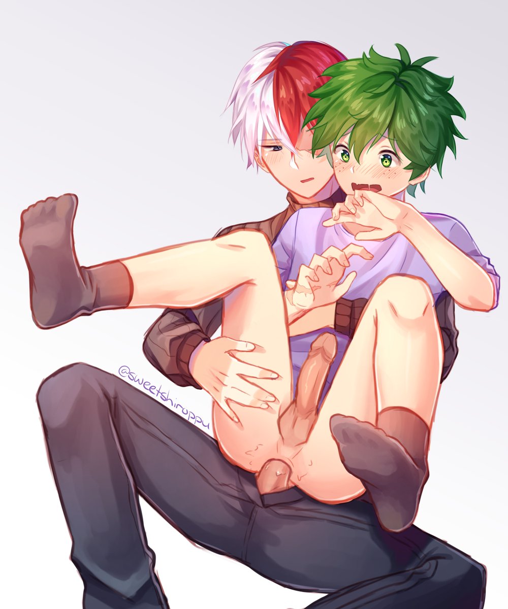 2boys, black socks, blush, erection, gay, green eyes, green hair, hugging, hugging from behind, izuku midoriya, leg lift, leg spread, male, male only, my hero academia, open mouth, penis, shouto todoroki, sitting on person, socks, tododeku, white background, yaoi