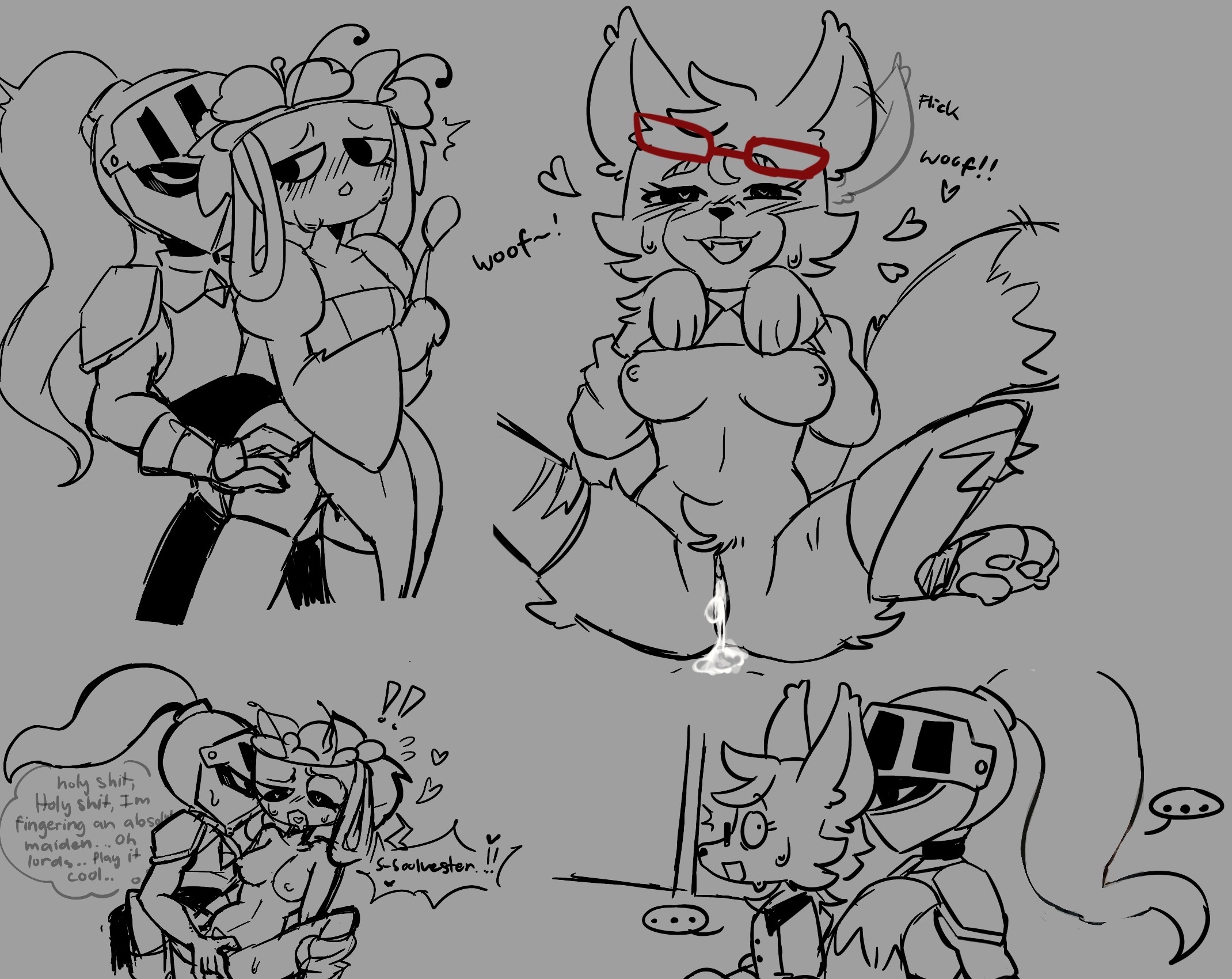armor, bassie (dandy's world), boobs out, breasts, breasts out, clothed, clothes, clothing, creampie, cum in pussy, dandy's world, dialogue, dress, eclipse (dandy's world), female, fingering, furry, furry female, little red eclipse, penetration, penetration from behind, penetration through clothes, pussy, sketch, soulbasket, soulvester, sp1cy sush1, tits out, vagina, wolf, wolf girl