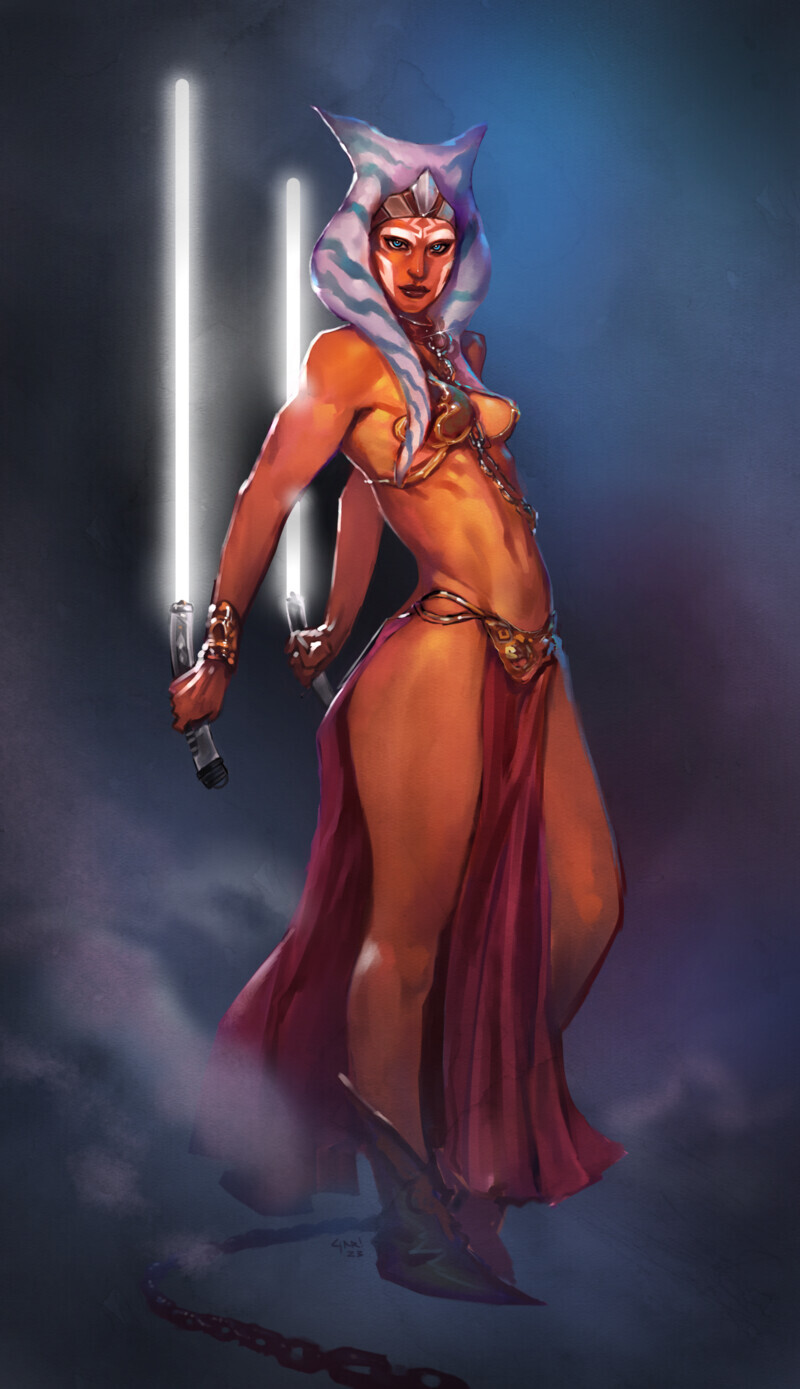 1girls ahsoka_tano belly_dancer belly_dancer_outfit blue_eyes chain_leash chained chris_yarbro dual_wielding harem_girl harem_outfit jedi lightsaber loincloth looking_at_viewer medium_breasts orange_skin slave slave_bikini slave_collar slave_leia_(cosplay) slave_outfit slavegirl star_wars star_wars_rebels