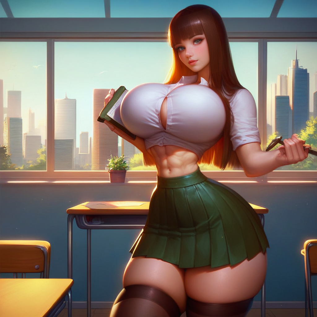 1girl abs ai_generated bangs big_ass big_breasts brown_hair city desk female_abs fully_clothed hime_cut hourglass_figure long_hair looking_at_viewer narrow_waist navel pleated schoolgirl_outfit skindentation skirt solo solo_female thighhighs toned_stomach