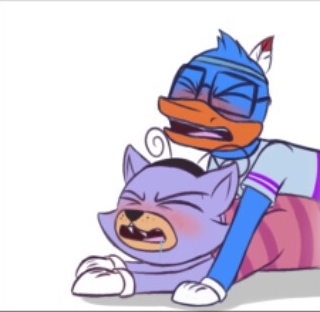 anthro duck feather feline glasses implied_penetration implied_sex orgasm_face striped_shirt suggestive toontown toontown_cat toontown_duck toontown_online white_gloves