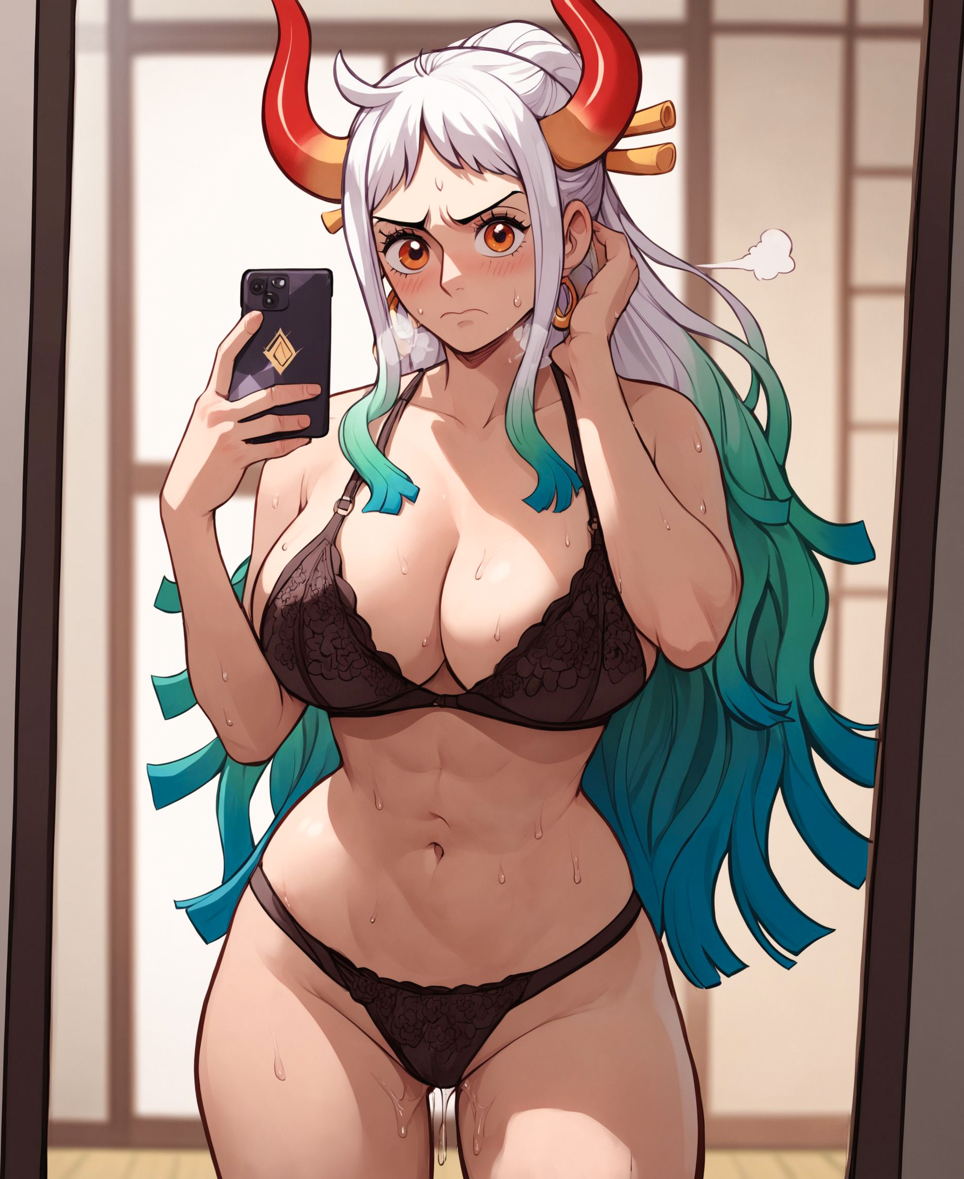 1girls, ai generated, alex-schura, female, female only, lingerie, one piece, solo, two-tone hair, white hair, white-haired female, yamato (one piece)