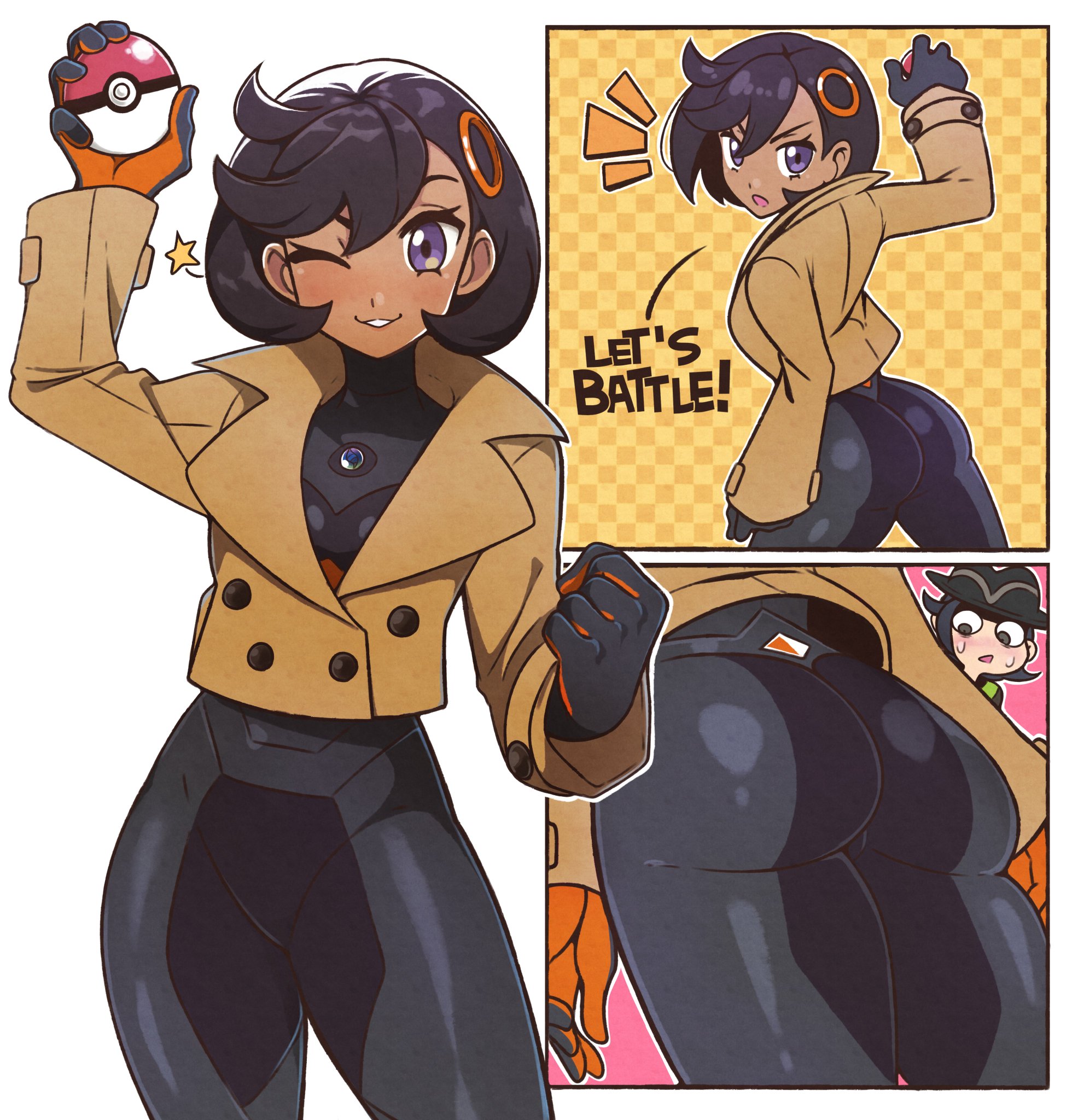 1boy, 1girls, ass, ass focus, black hair, blush, bodysuit, close-up, dark skin, dark-skinned female, emma (pokemon), female, from behind, gloves, hat, highres, jacket, jeffmiga, kyouya (pokemon), looking at viewer, male, matiere (pokemon legends: z-a), matiere (pokemon), nintendo, one eye closed, paxton (pokemon), pervert, poke ball, pokemon, pokemon legends: z-a, purple eyes, short hair