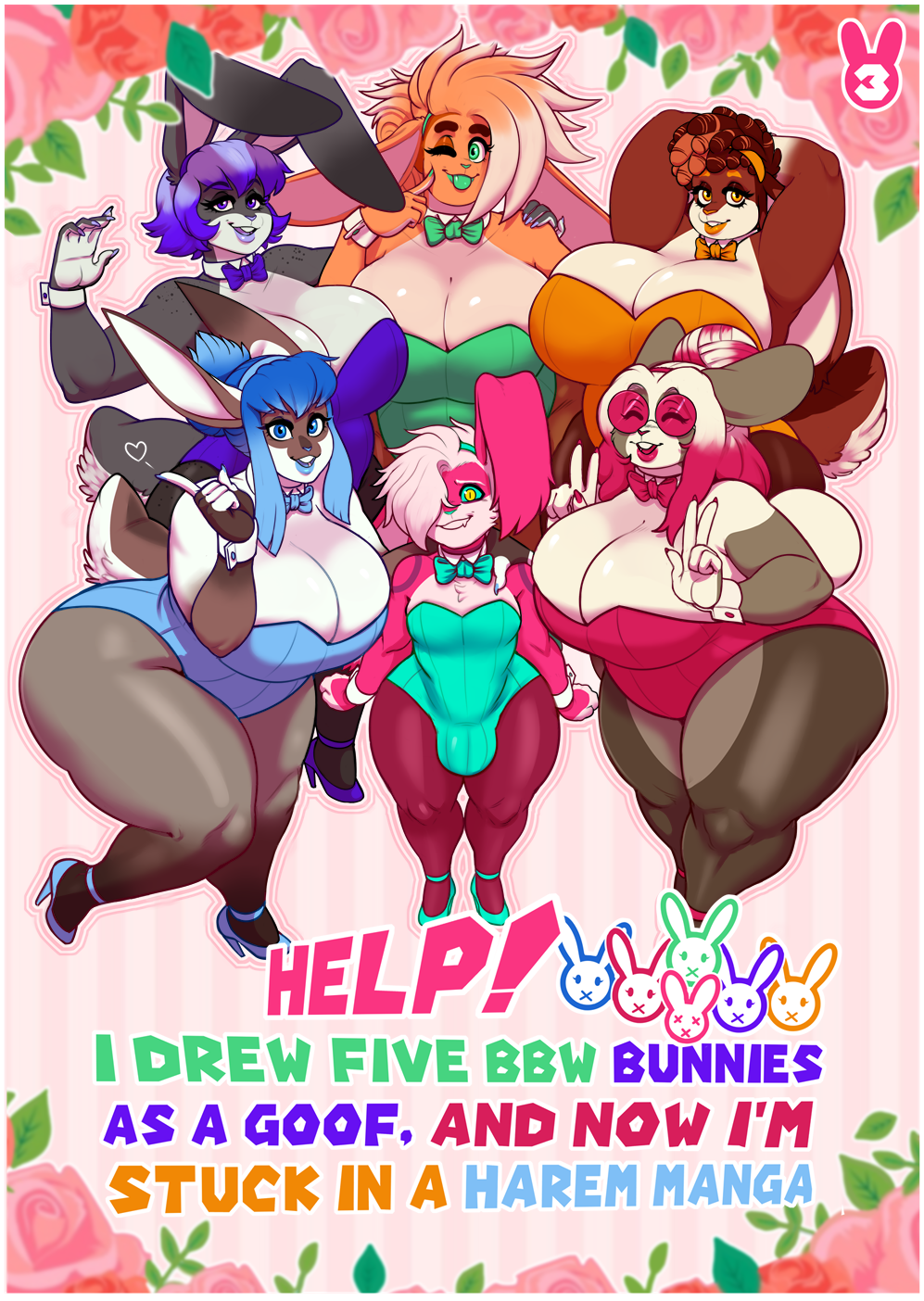 5_fingers anthro berri_(mr.pink) big_breasts blue_eyes blue_hair bow_tie breasts brown_body brown_fur brown_hair bulge bunny_costume canela_(mr.pink) cleavage clothed clothing coco_(mr.pink) costume crossdressing curvy_figure dulce_(mr.pink) english_text eyebrows eyelashes eyewear female fingers footwear fur gesture glasses green_sclera group hair hair_bun hand_gesture hands_behind_head heart_symbol hi_res high_heels huge_breasts lagomorph larger_female leporid long_hair looking_at_viewer male mammal mr.pink multicolored_body multicolored_fur multicolored_hair one_eye_closed open_mouth orange_body orange_fur overweight overweight_anthro overweight_female pink_body pink_fur pink_hair purple_eyes purple_hair pwink_(mr.pink) rabbit raspberry_(mr.pink) shoes size_difference smaller_male teeth text thick_thighs two_tone_hair v_sign voluptuous white_body white_fur white_hair wide_hips yellow_eyes