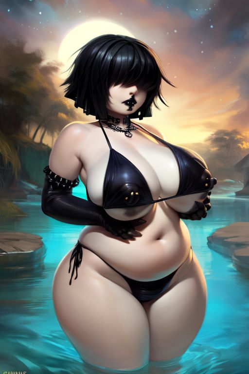 ai_generated bangs bangs_over_eyes bikini bikini_bottom bikini_top black_bikini black_hair black_lipstick choker chubby goth goth_girl hair_over_eyes huge_ass huge_breasts josie_(euclidbeing) massive_breasts massive_thighs nipple_bulge nipple_piercing nipples_visible_through_clothing original_character pool poolside short_hair standing_in_water thick_thighs water