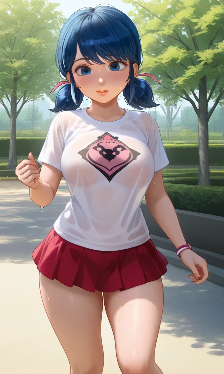 1female 1girls ai_generated bare_arms bare_legs big_breasts blue_eyes blue_hair chloenette69 disney disney_channel eyebrows eyelashes eyeshadow ladybug_(character) large_ass large_breasts looking_at_viewer marinette_cheng marinette_dupain-cheng miniskirt miraculous:_tales_of_ladybug_and_cat_noir miraculous_ladybug outside park solo_female summer sweating sweaty_body thick_thighs transparent_clothing twintails white_t-shirt